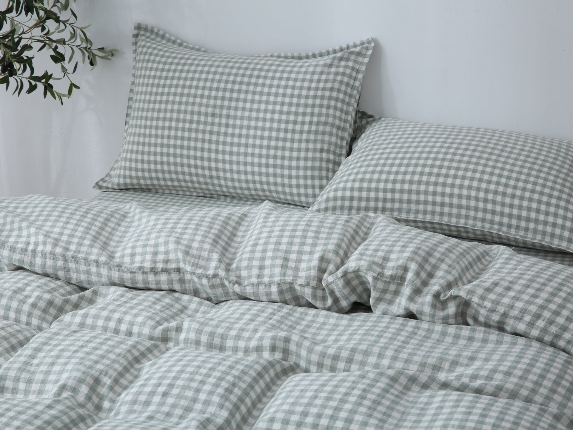 Linen Duvet Cover + Pillowcases - Sage Gingham
