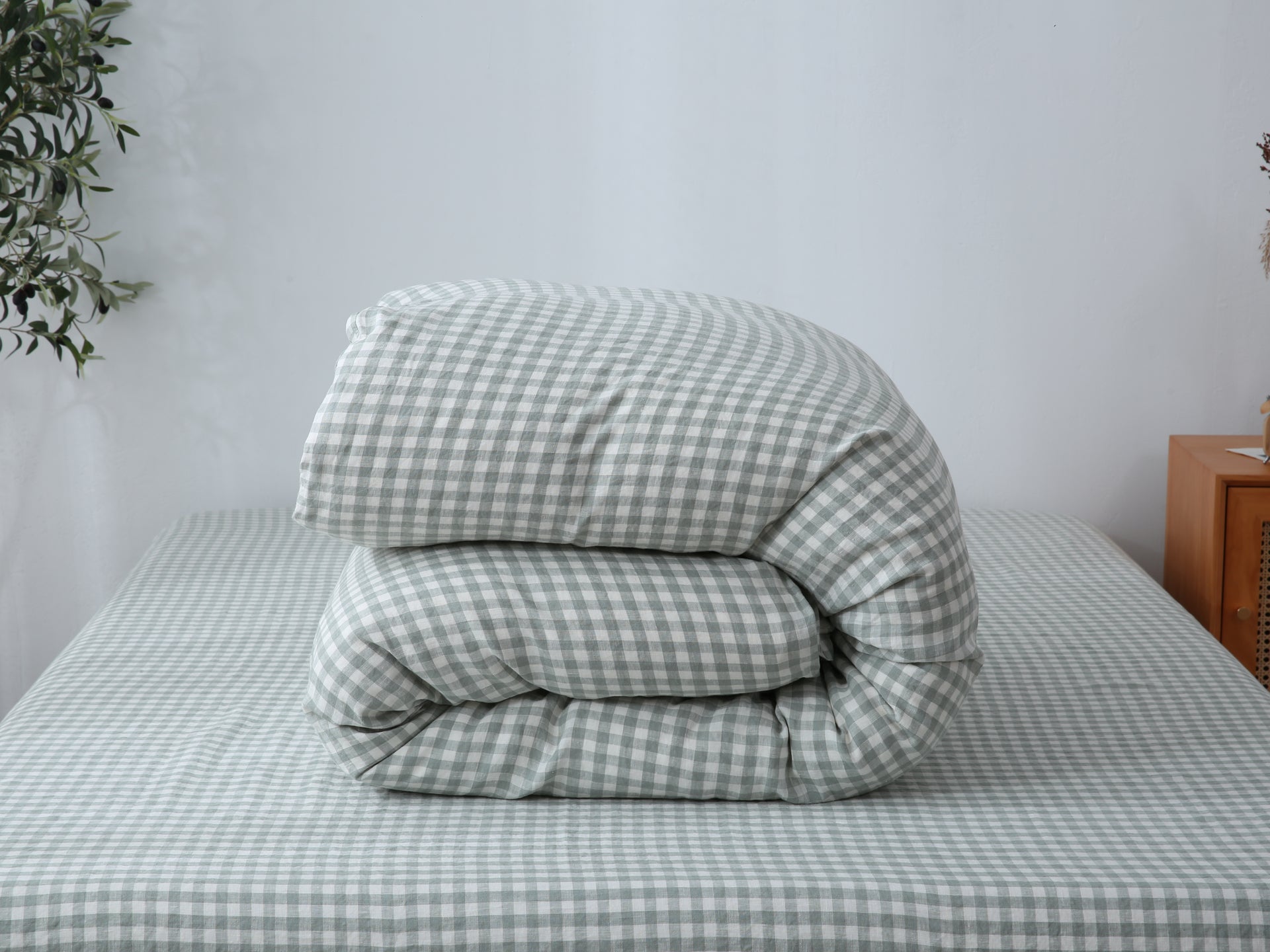 Linen Duvet Cover + Pillowcases - Sage Gingham