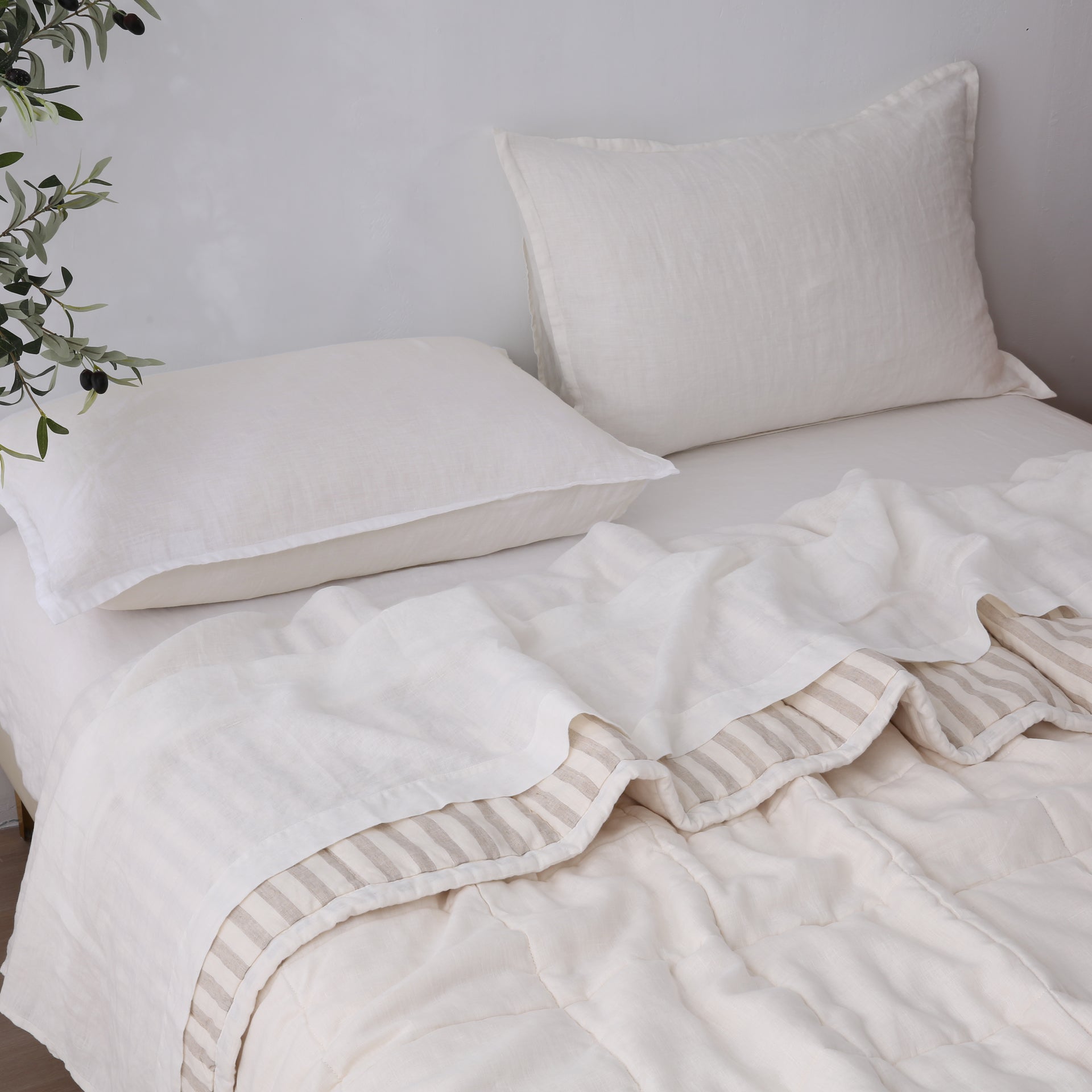Quilted Linen Blanket - Cloud + Sand Stripe