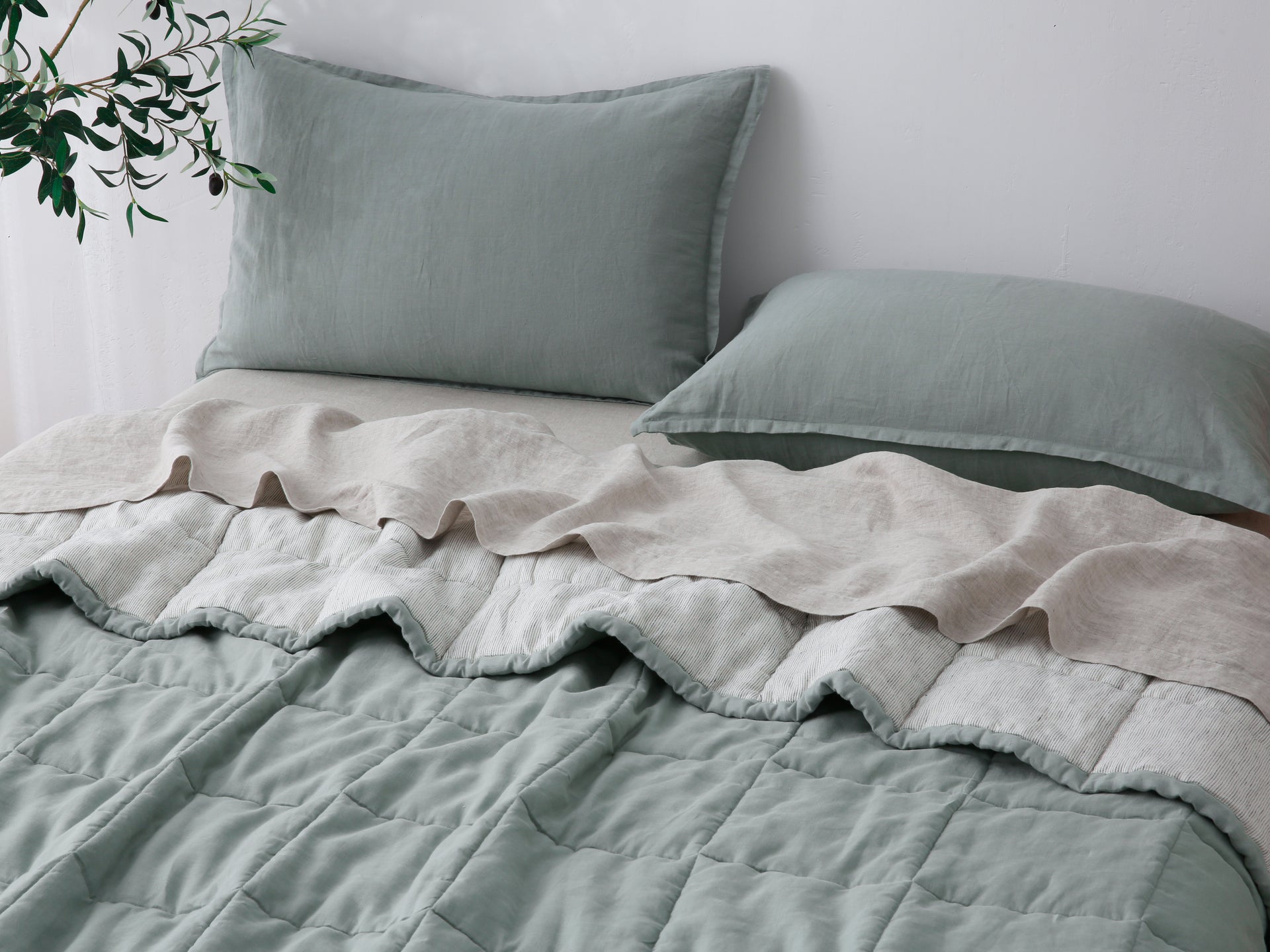 Quilted Linen Blanket - Sage + Pinstripe