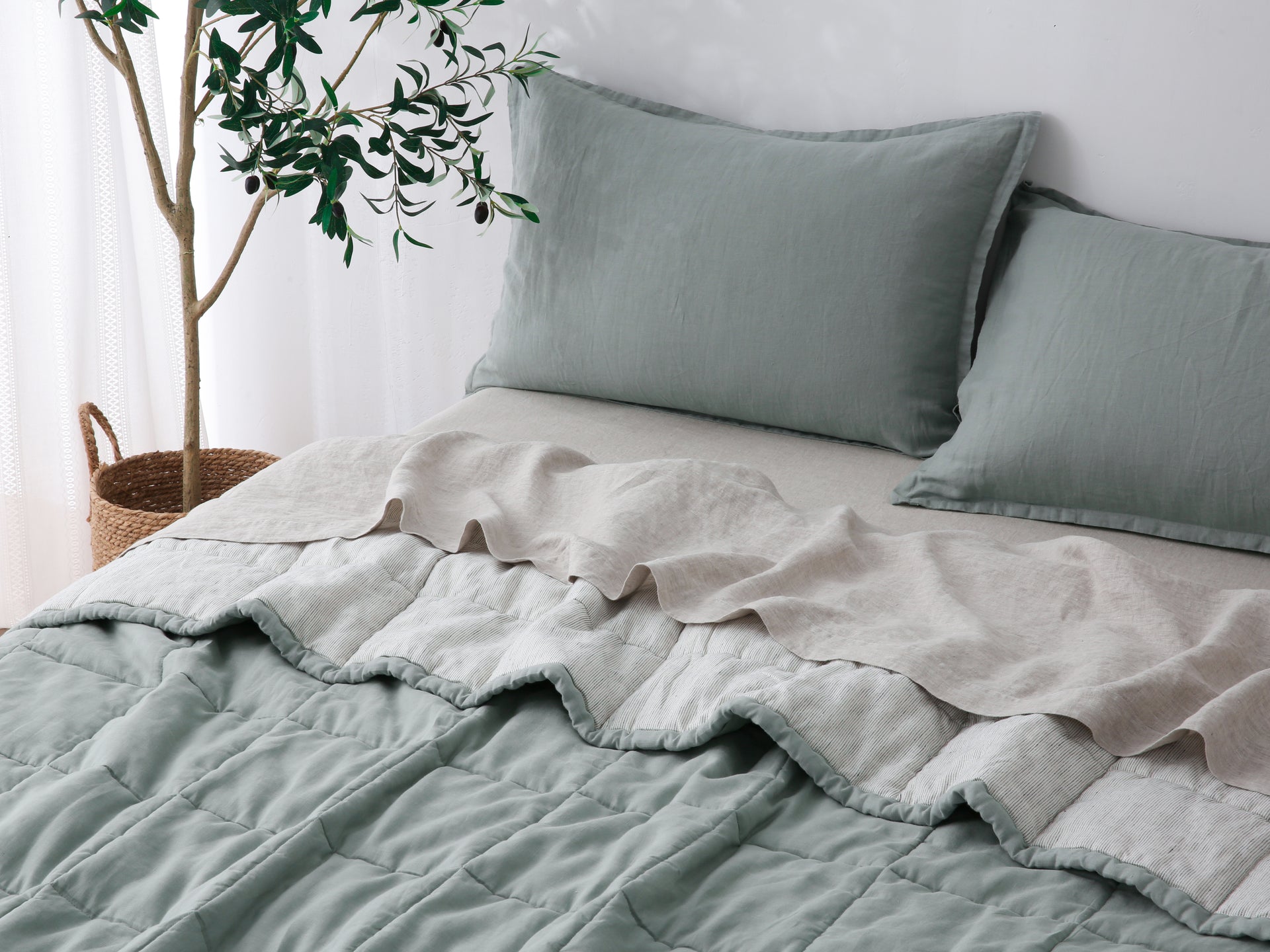 Quilted Linen Blanket - Sage + Pinstripe
