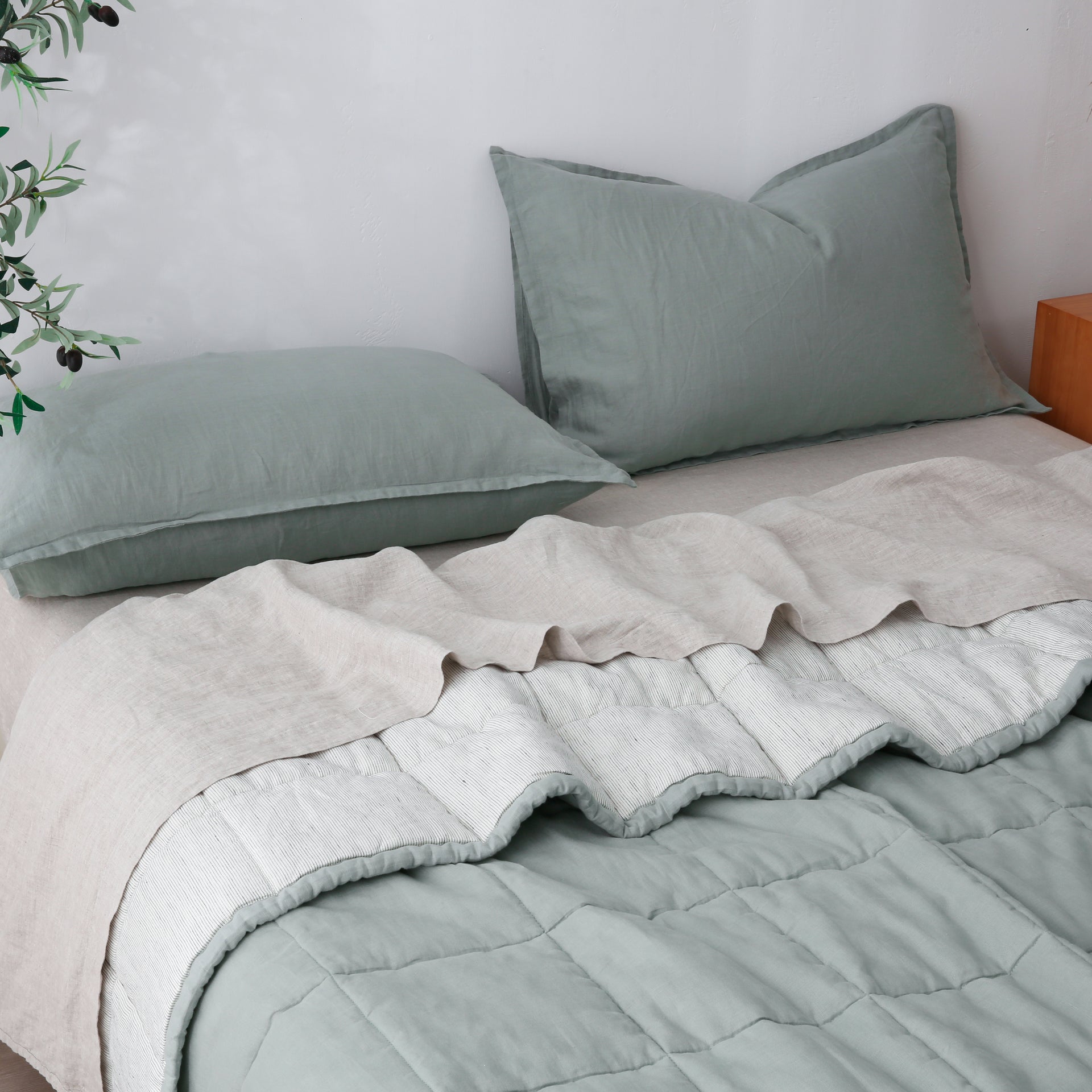 Quilted Linen Blanket - Sage + Pinstripe
