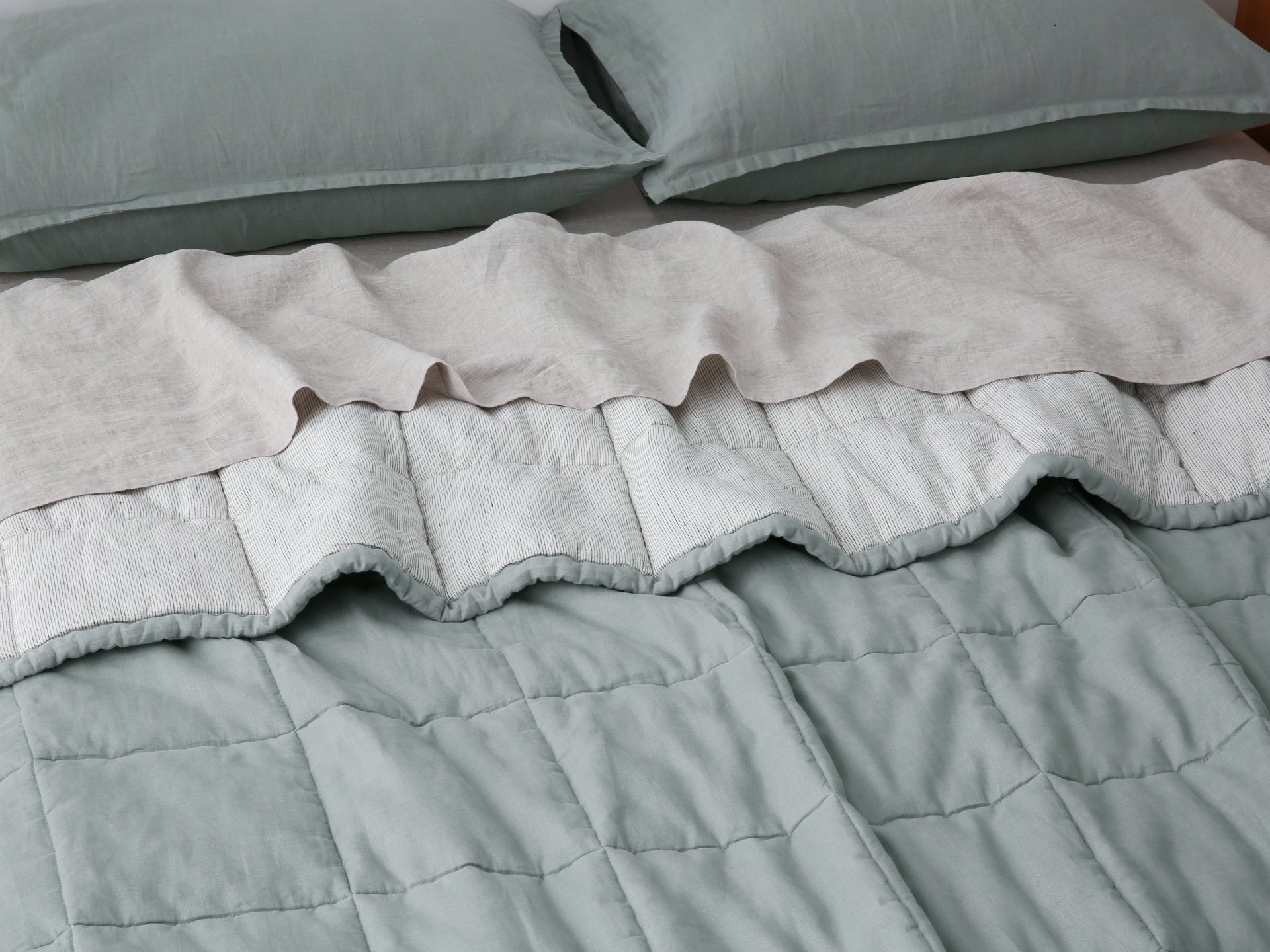 Quilted Linen Blanket - Sage + Pinstripe