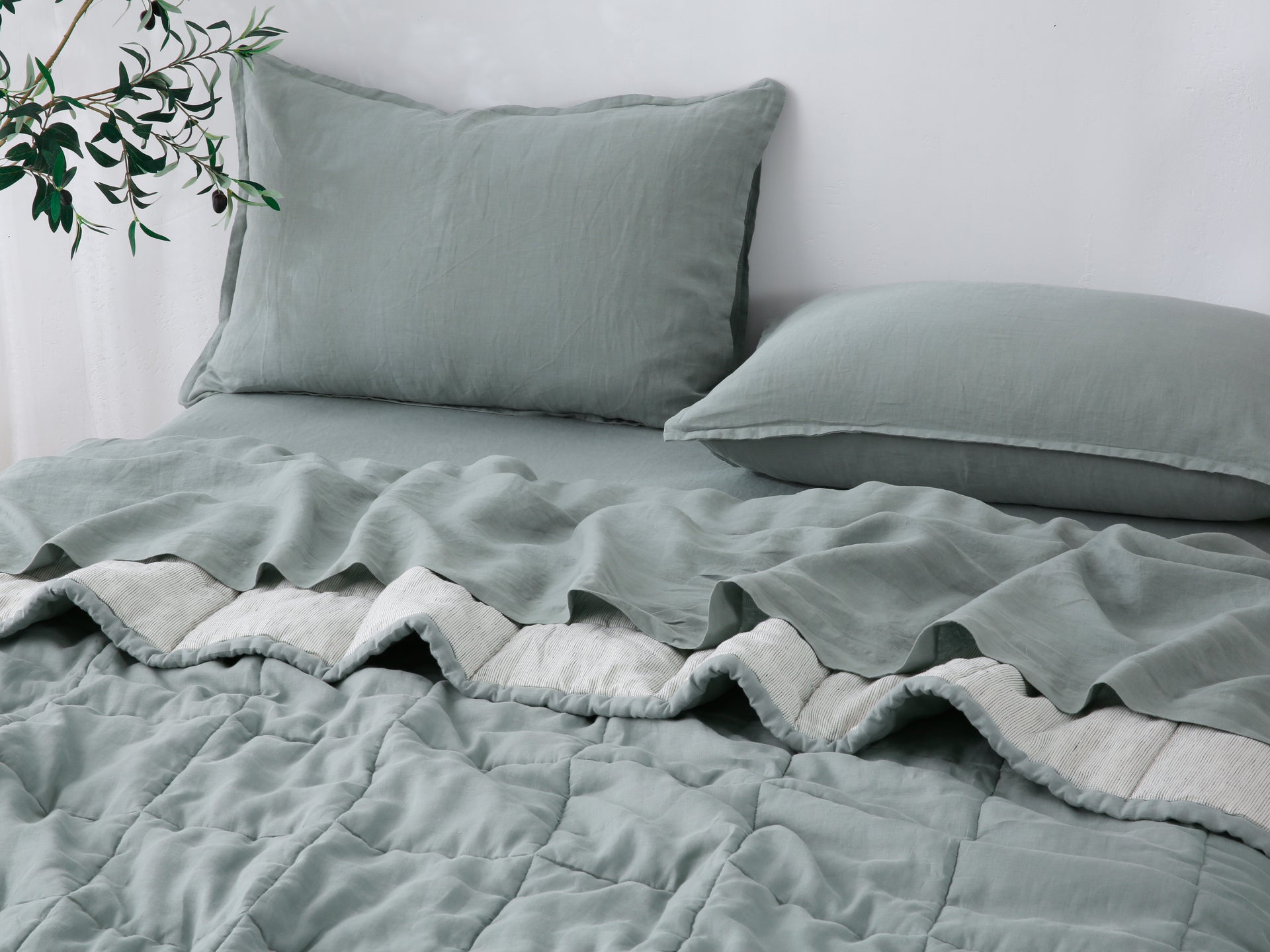 Quilted Linen Blanket - Sage + Pinstripe