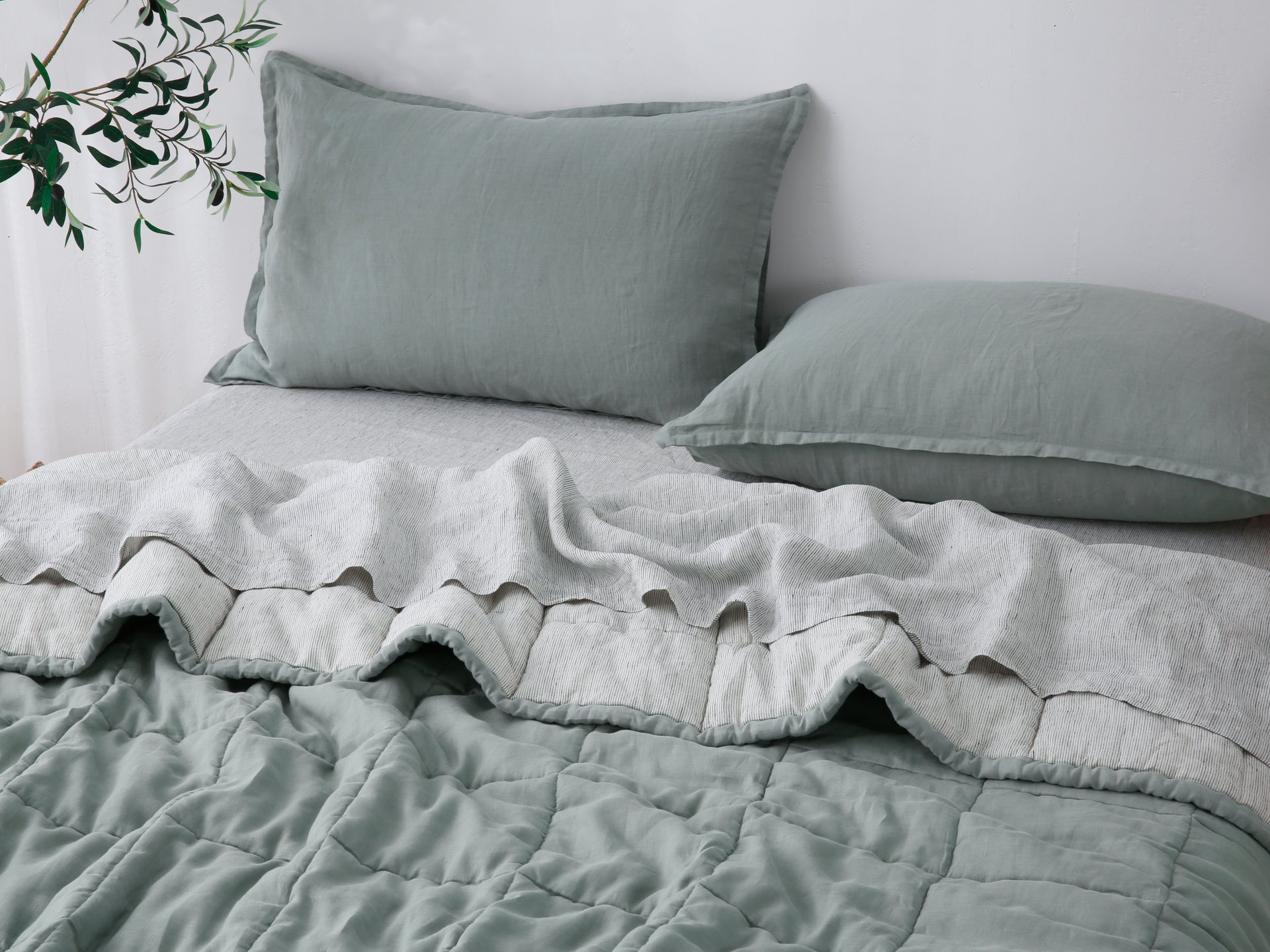 Quilted Linen Blanket - Sage + Pinstripe