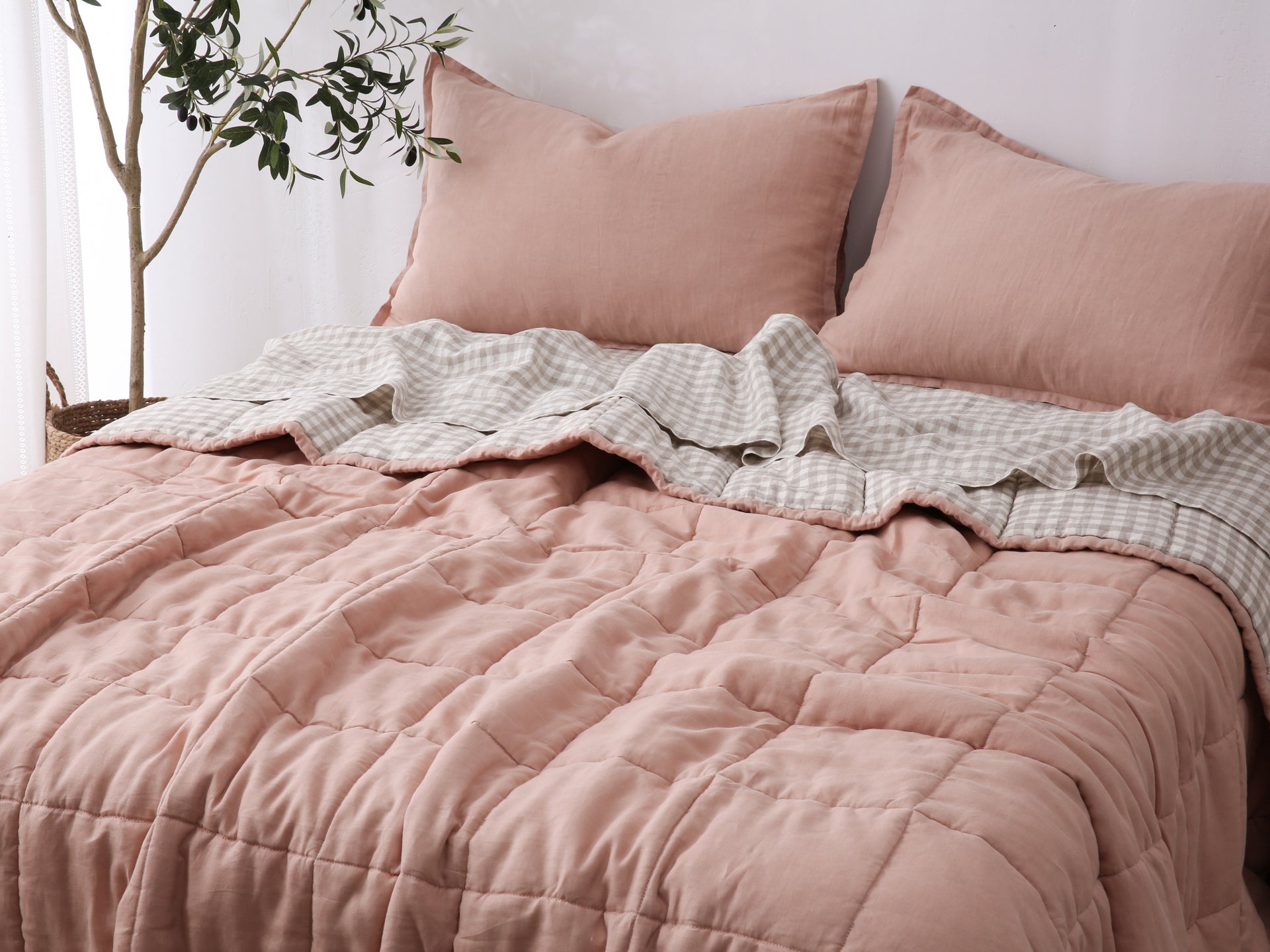 Quilted Linen Blanket - Pink Clay + Beige Gingham