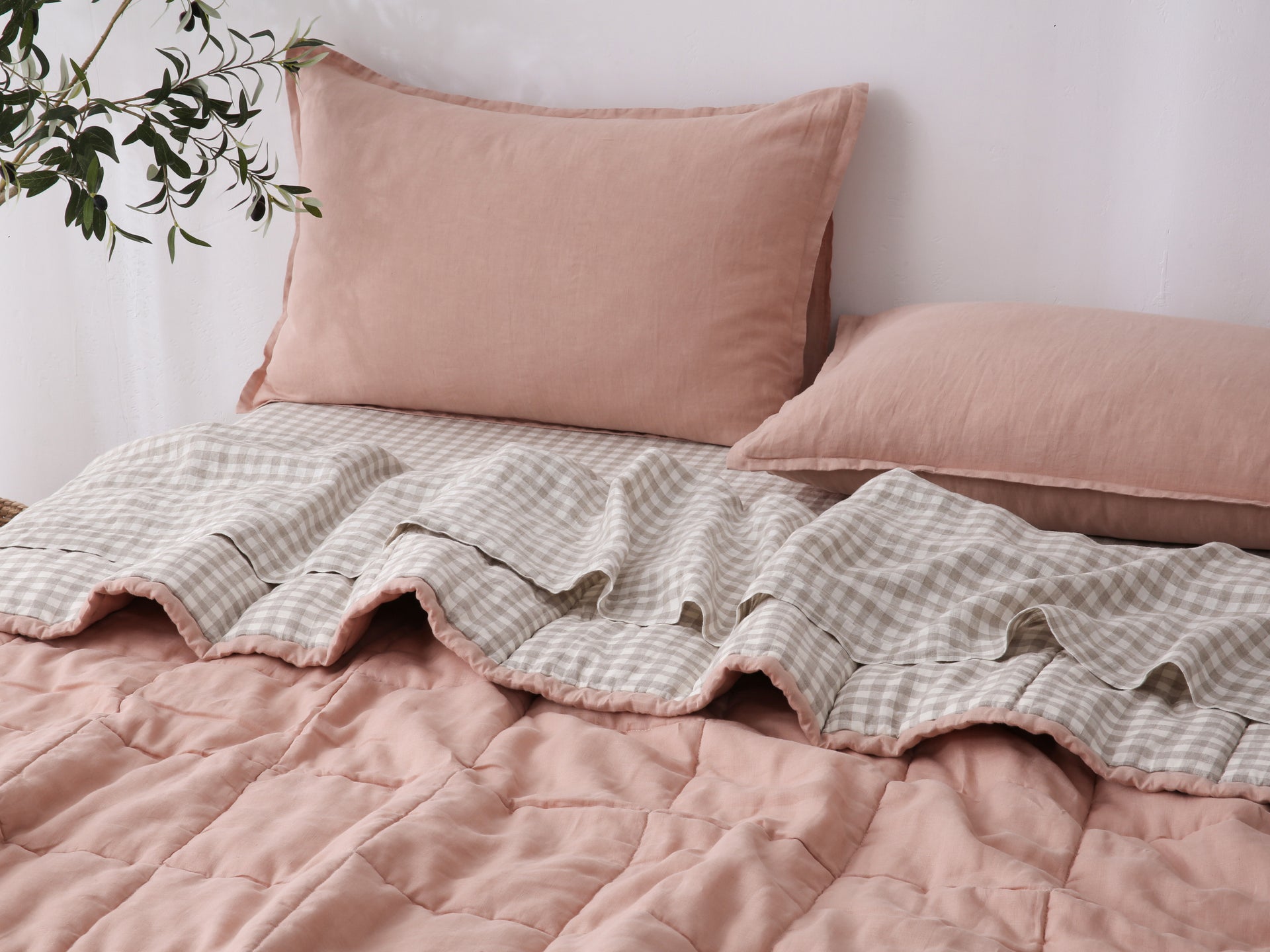Quilted Linen Blanket - Pink Clay + Beige Gingham