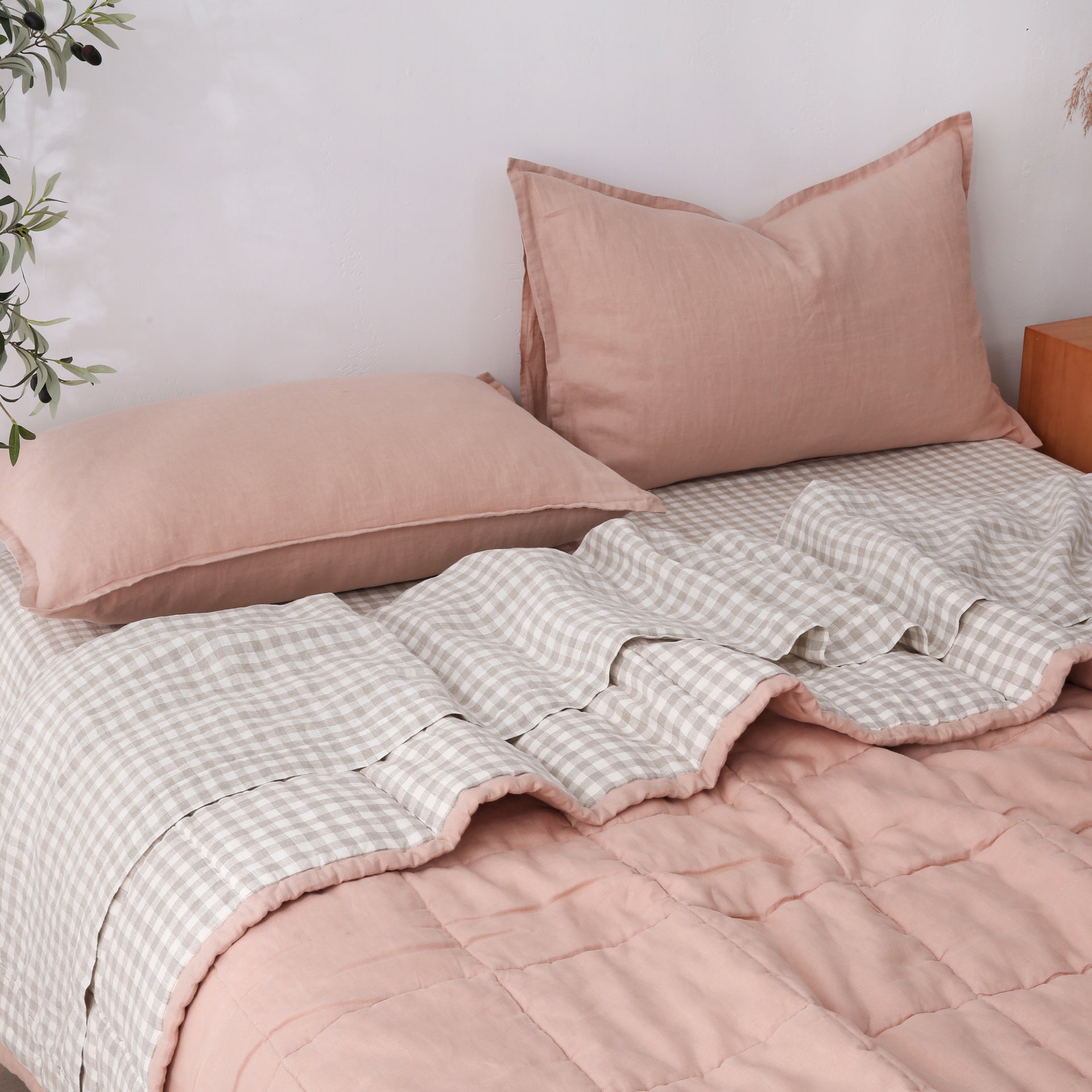 Quilted Linen Blanket - Pink Clay + Beige Gingham
