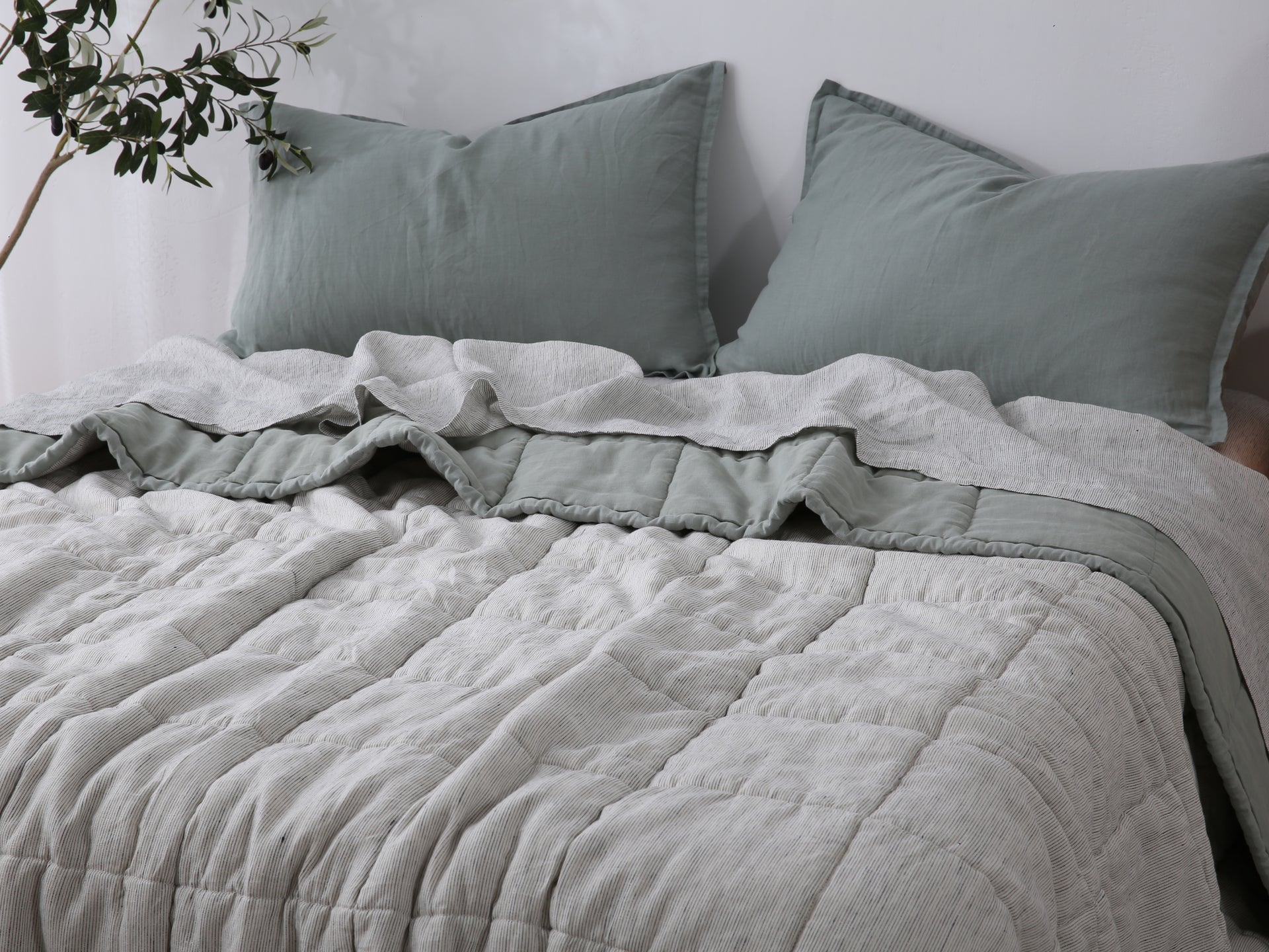 Quilted Linen Blanket - Sage + Pinstripe