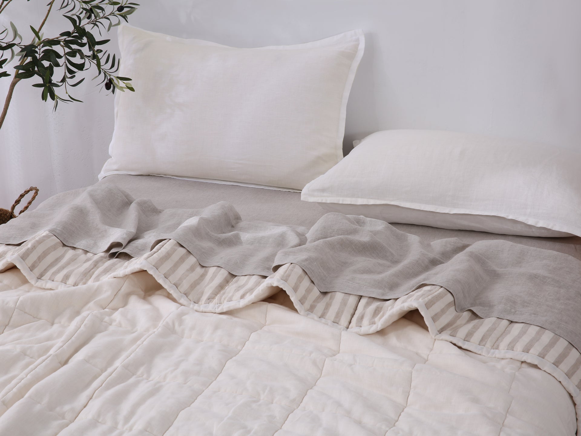 Quilted Linen Blanket - Cloud + Sand Stripe