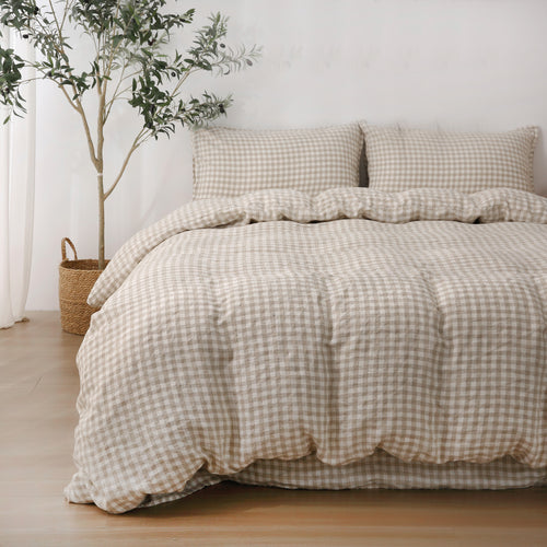 Beige Gingham - Duvet Cover + Pillow Cases | 100% French Flax Linen
