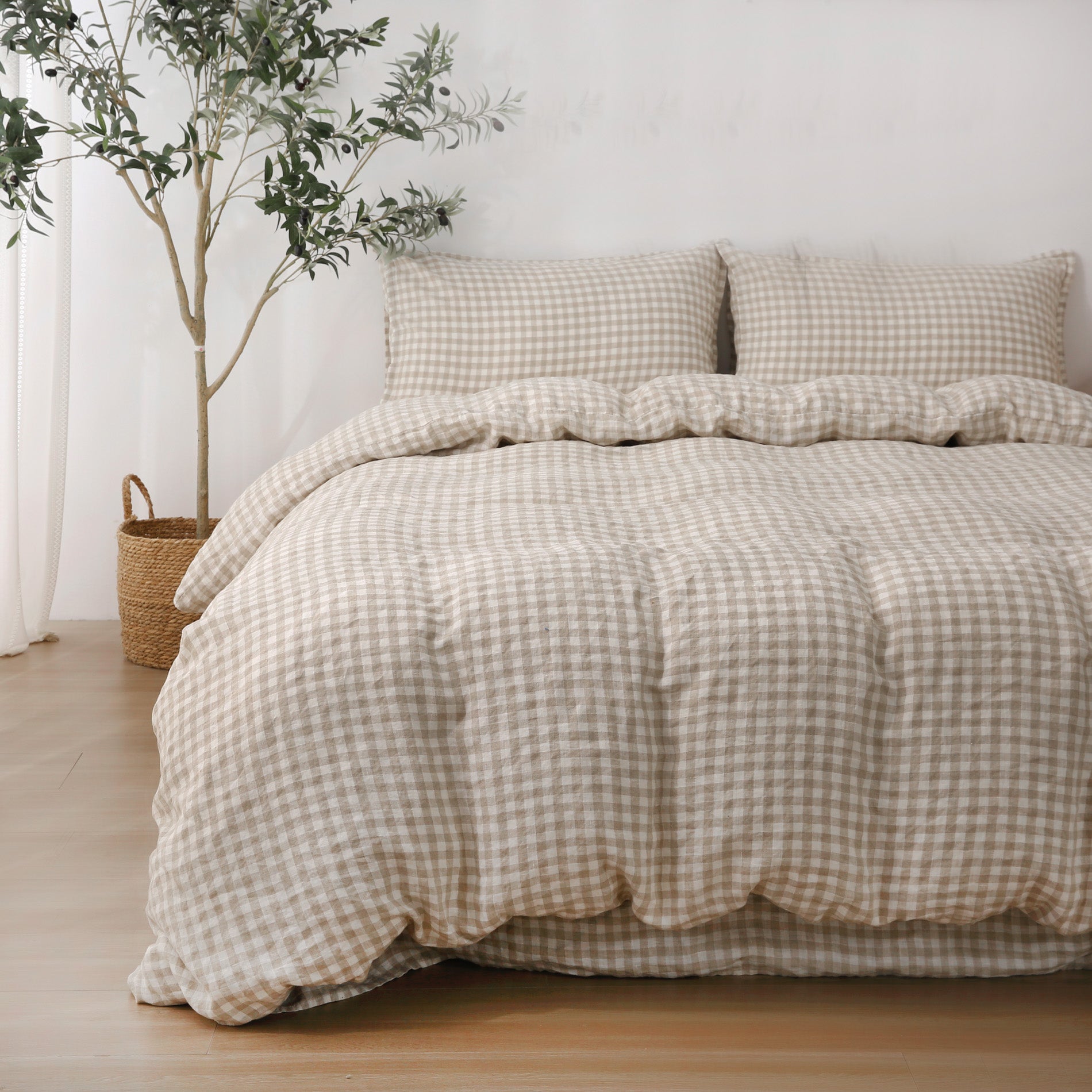 Linen Duvet Cover + Pillowcases - Beige Gingham