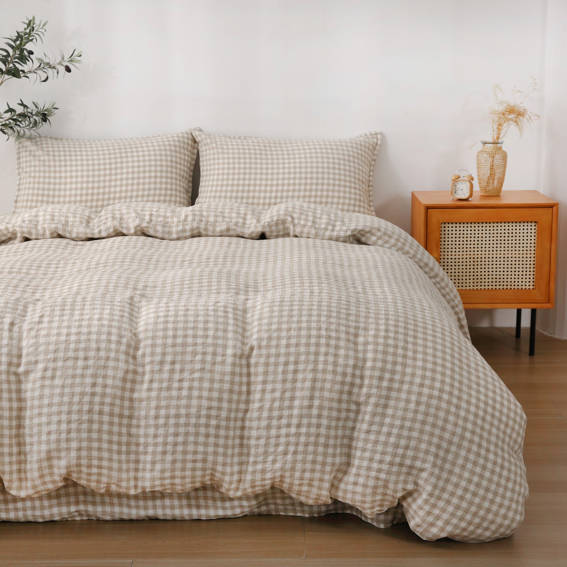 Linen Duvet Cover + Pillowcases - Beige Gingham