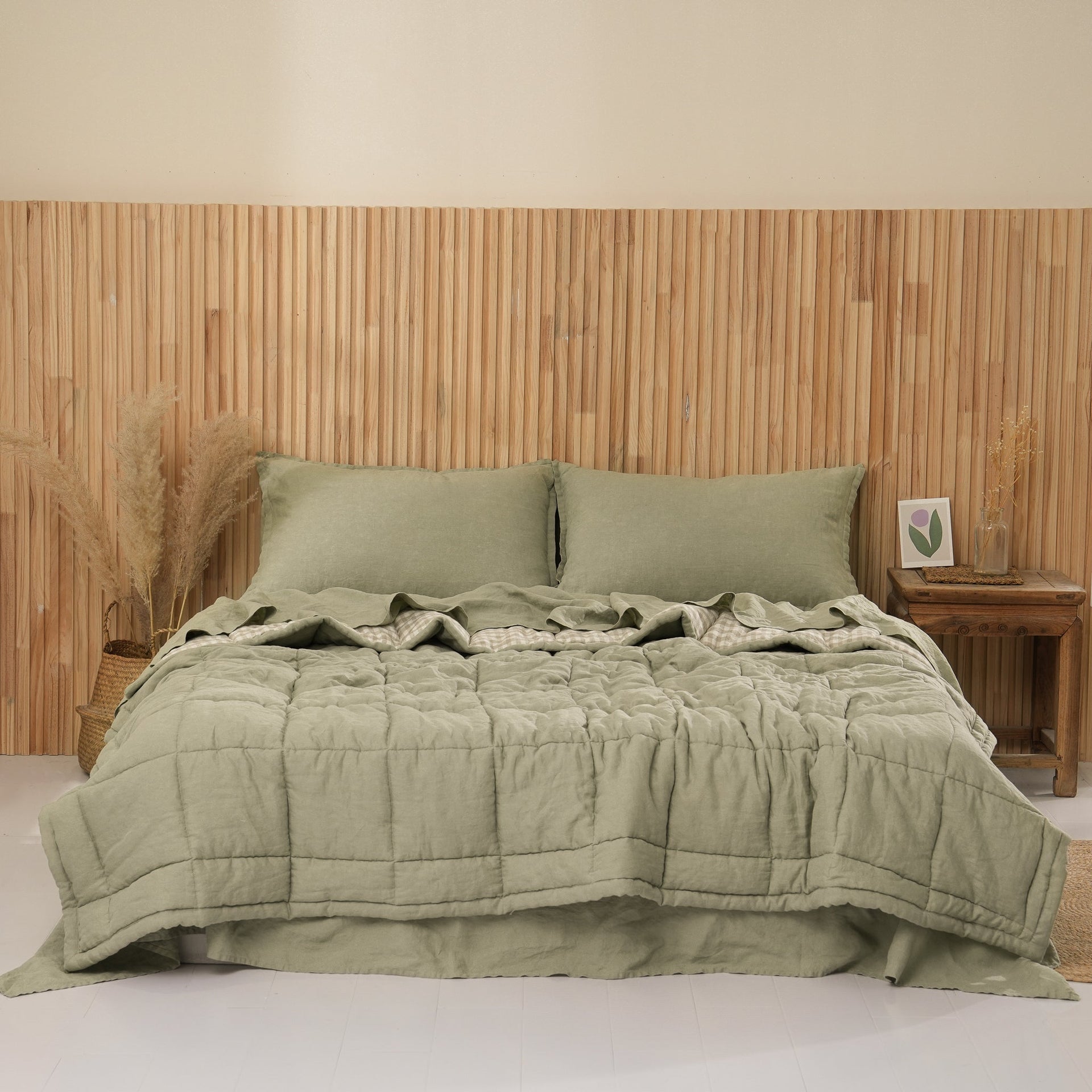 Quilted Linen Blanket - Fern + Beige Gingham