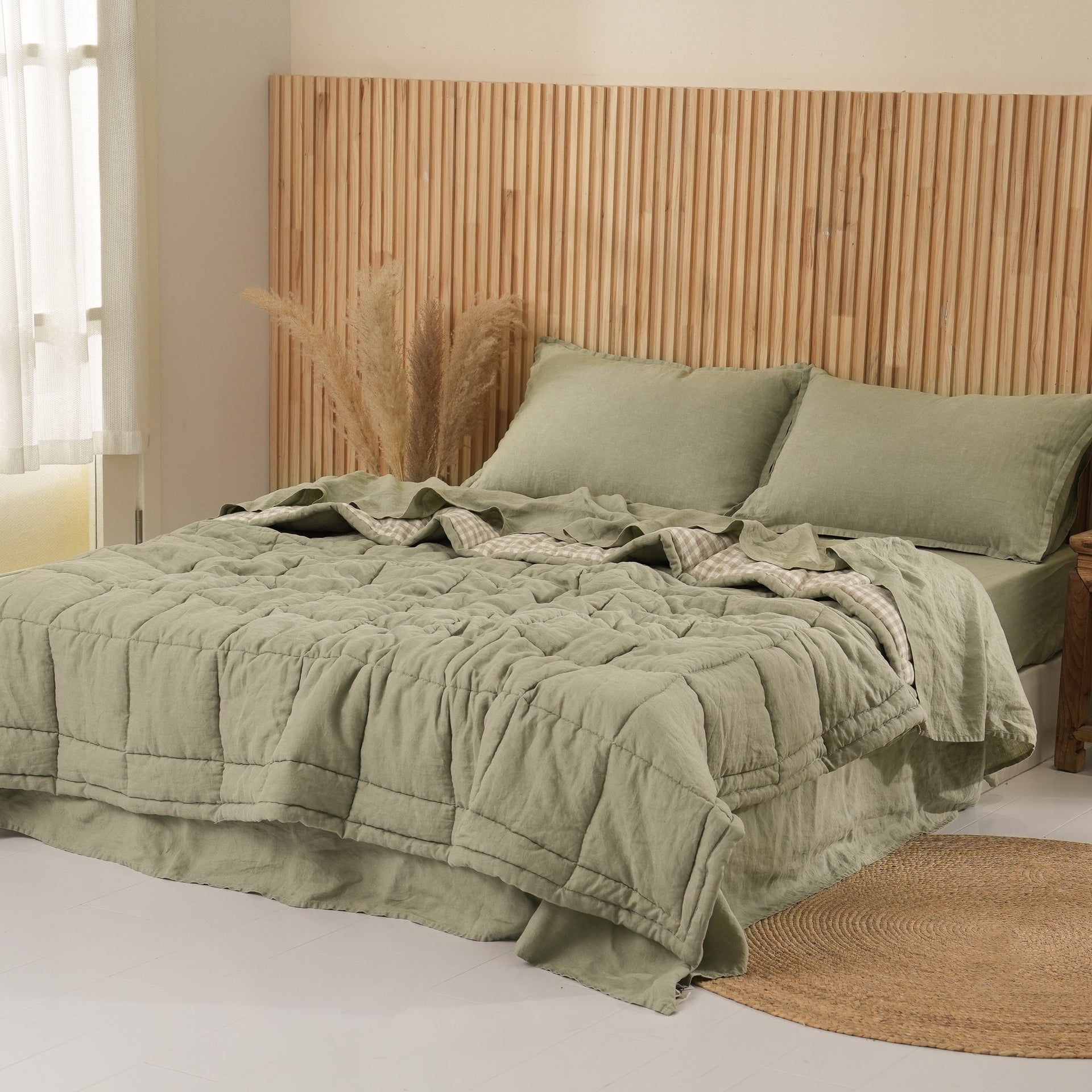 Quilted Linen Blanket - Fern + Beige Gingham