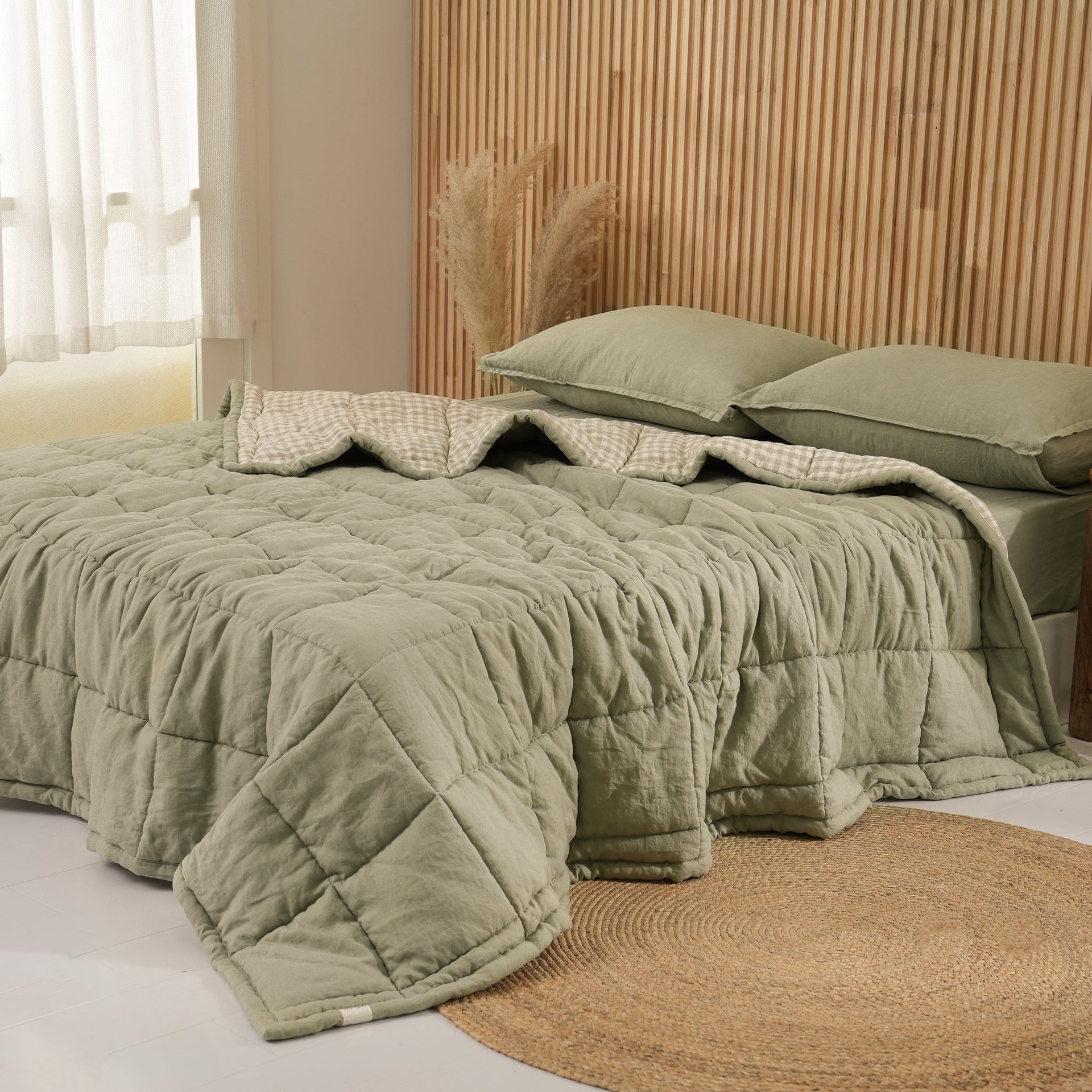 Quilted Linen Blanket - Fern + Beige Gingham