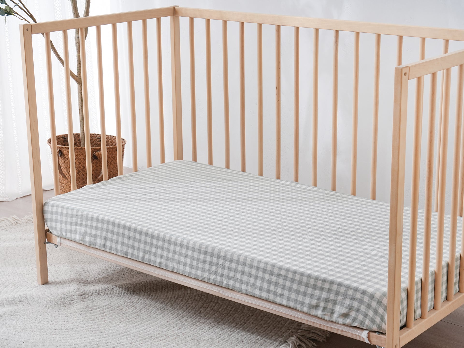 Linen Fitted Cot Sheet - Sage Gingham