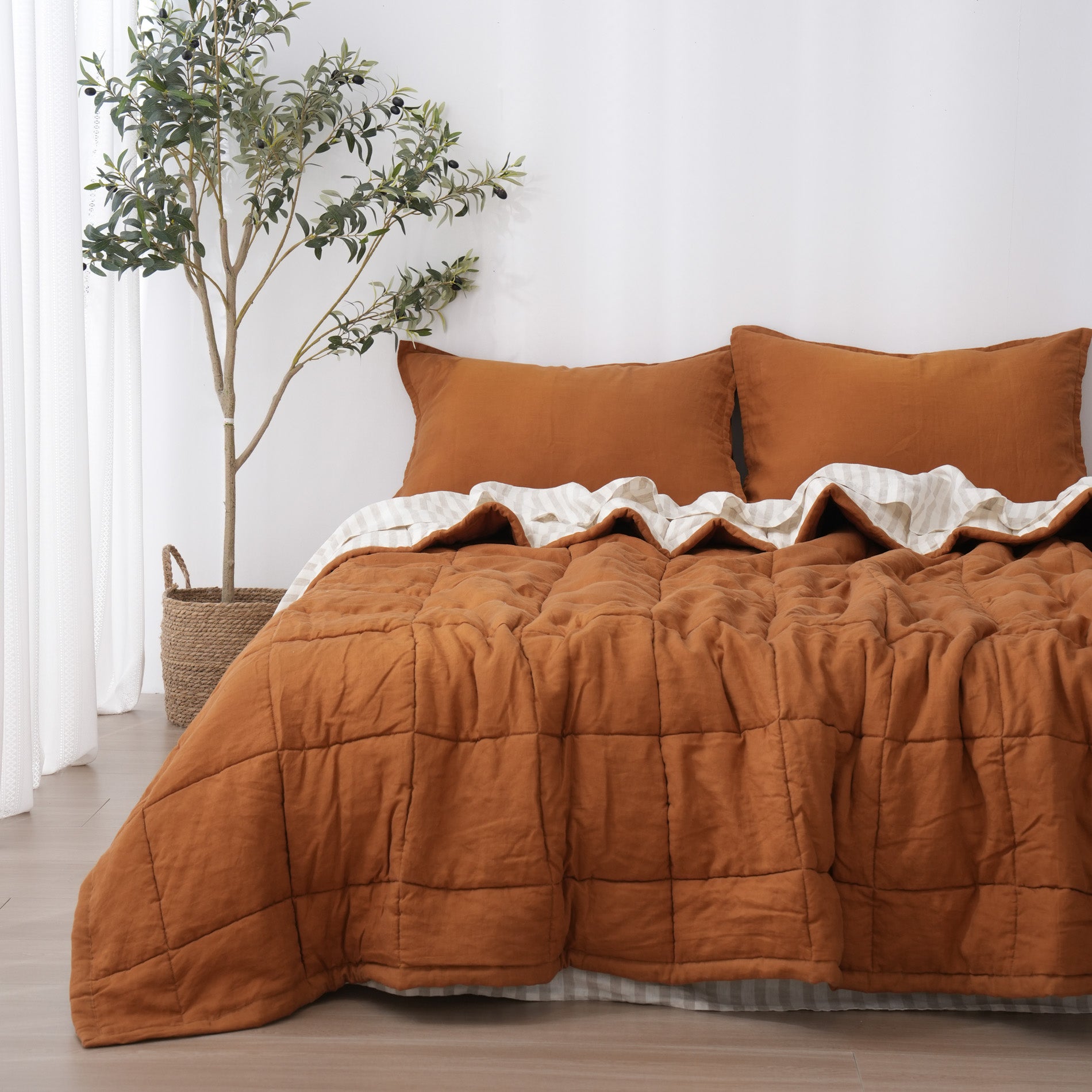 Quilted Linen Blanket - Clay + Sand Stripe