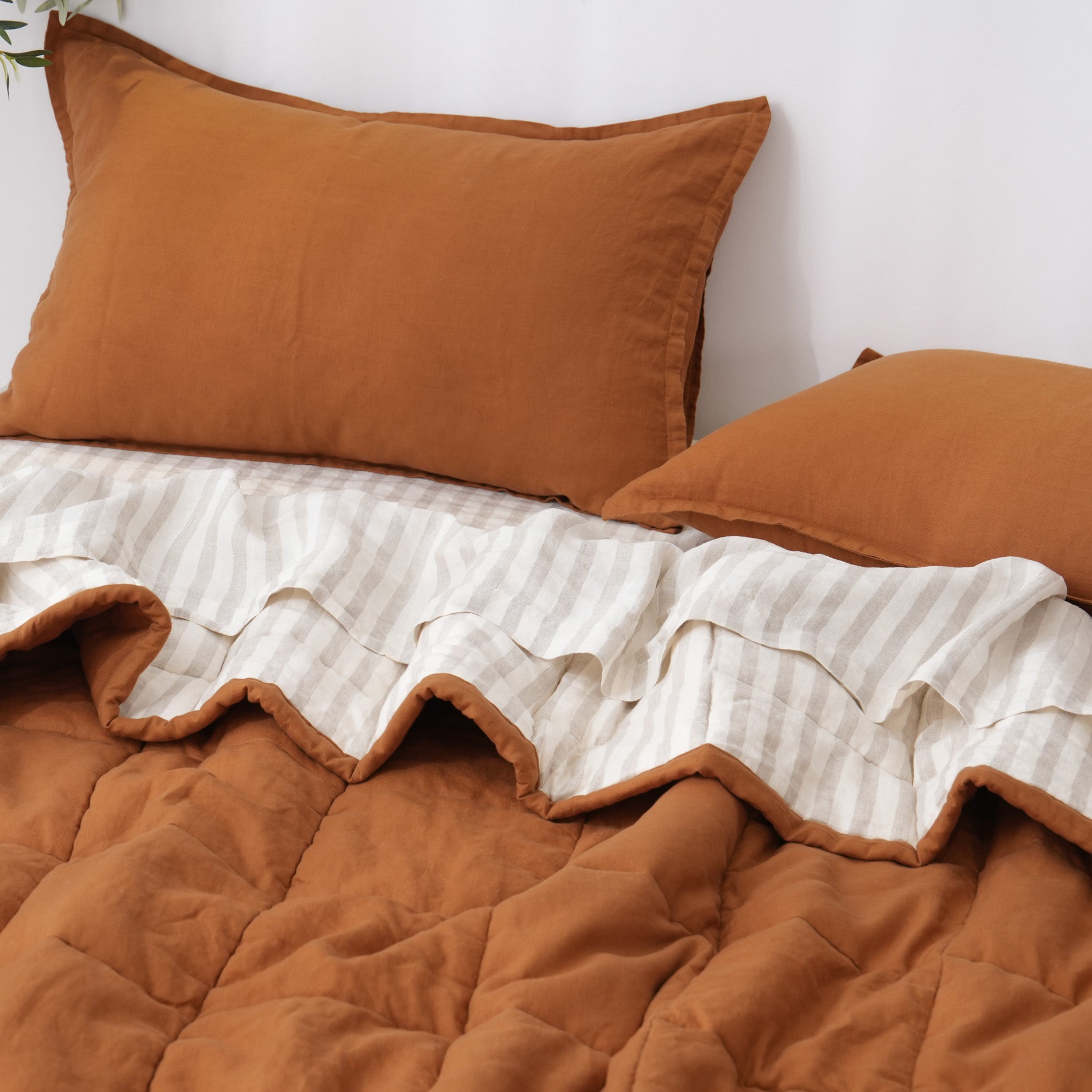 Quilted Linen Blanket - Clay + Sand Stripe