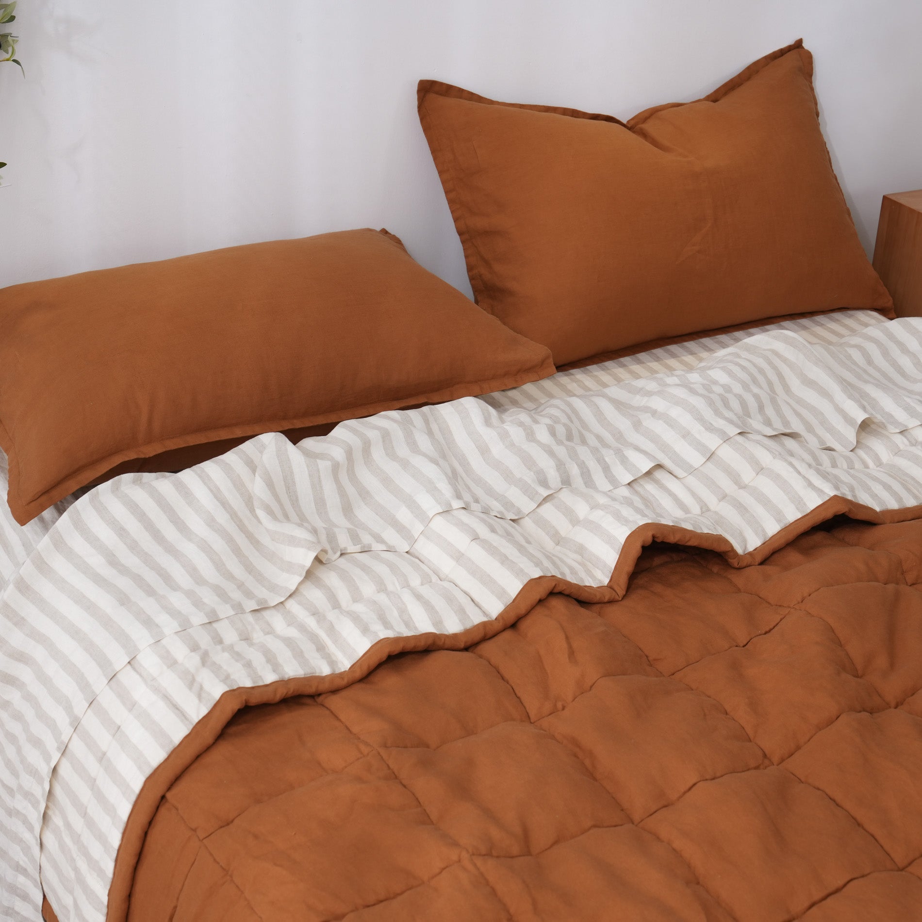 Quilted Linen Blanket - Clay + Sand Stripe