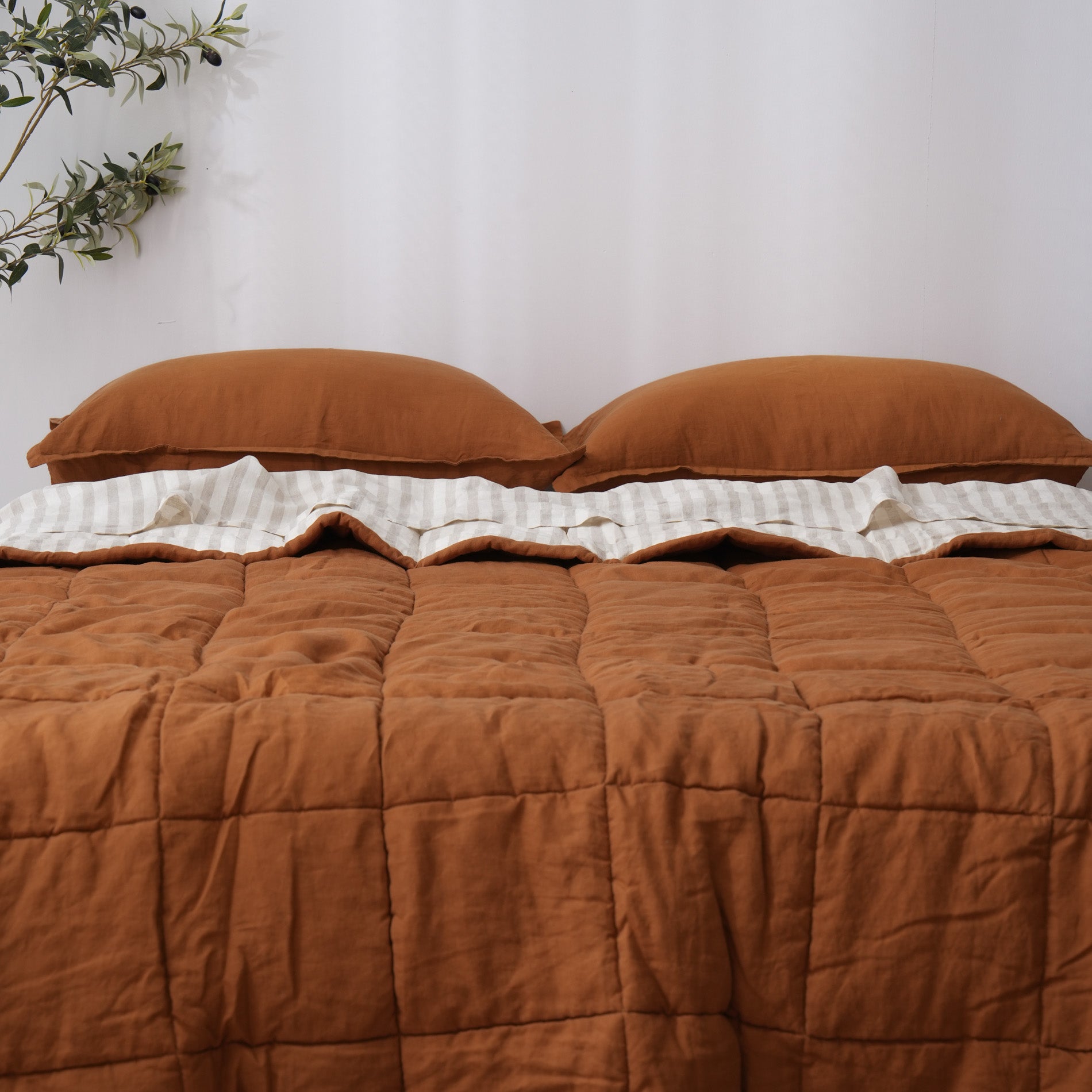 Quilted Linen Blanket - Clay + Sand Stripe