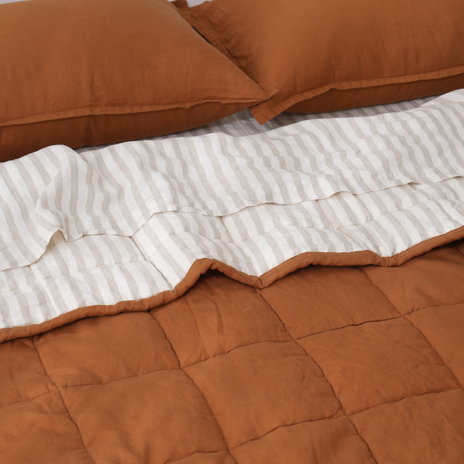 Quilted Linen Blanket - Clay + Sand Stripe