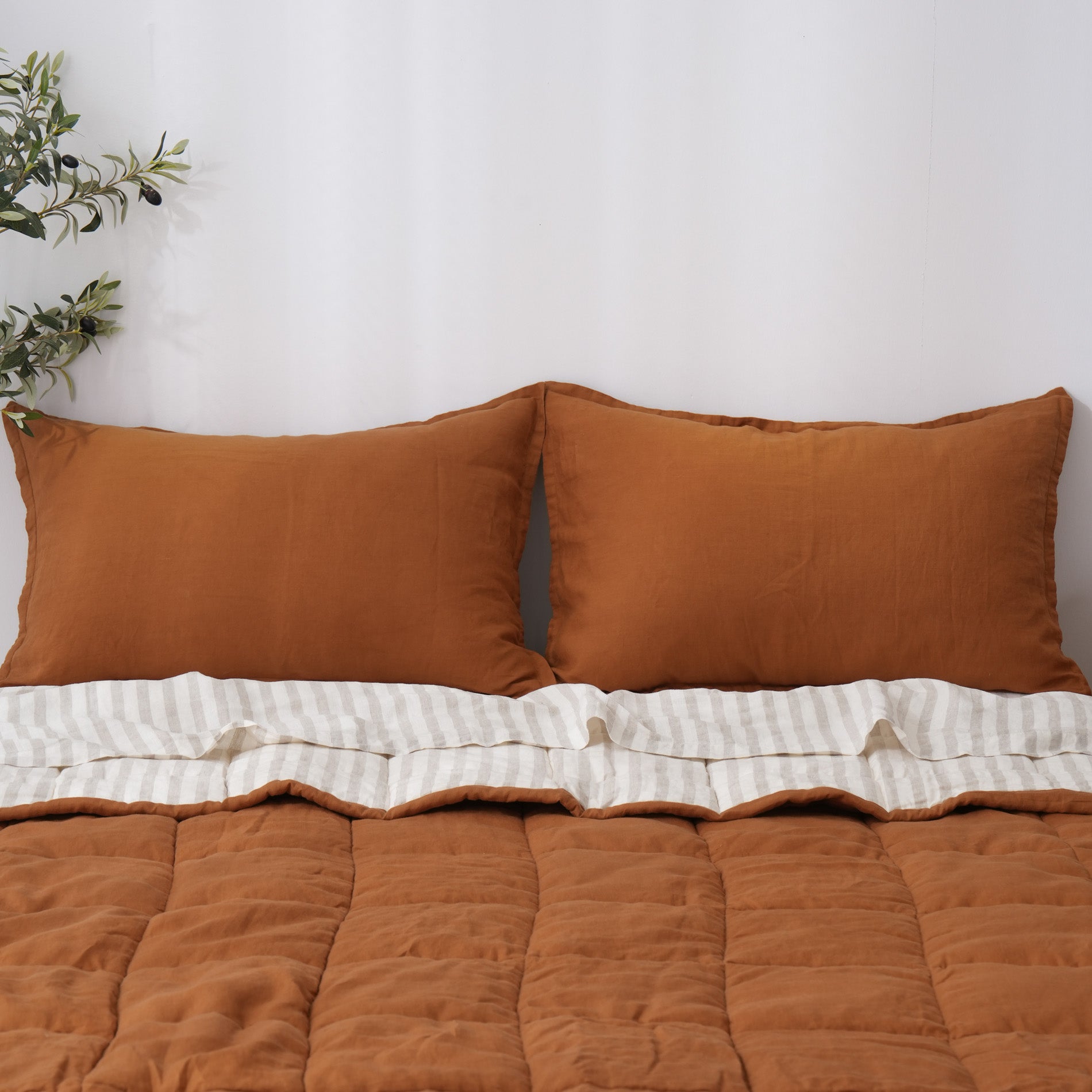 Quilted Linen Blanket - Clay + Sand Stripe