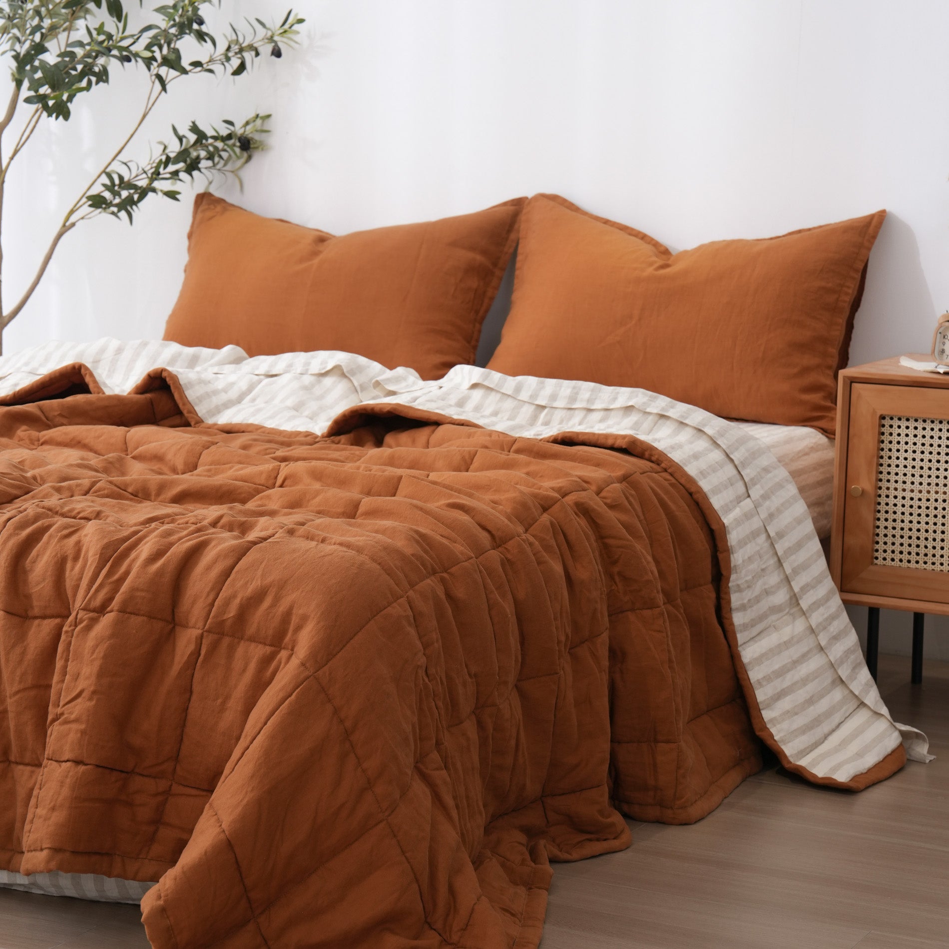 Quilted Linen Blanket - Clay + Sand Stripe