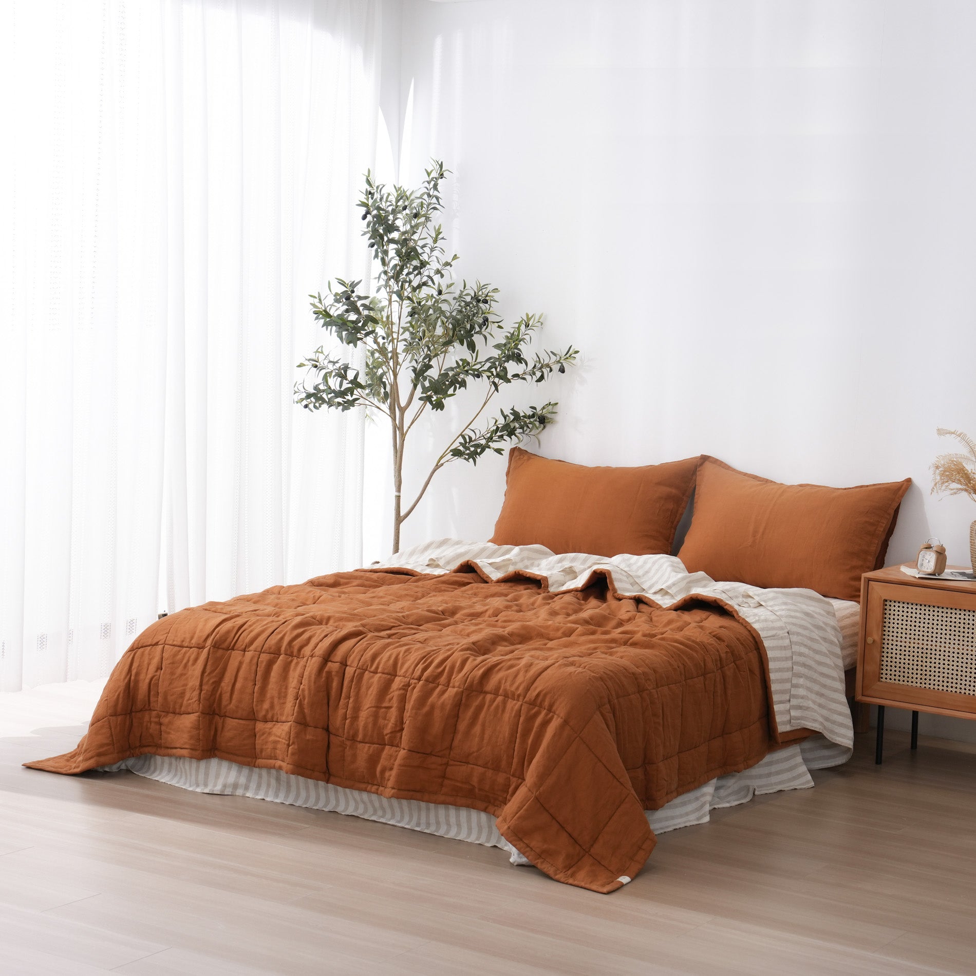 Quilted Linen Blanket - Clay + Sand Stripe