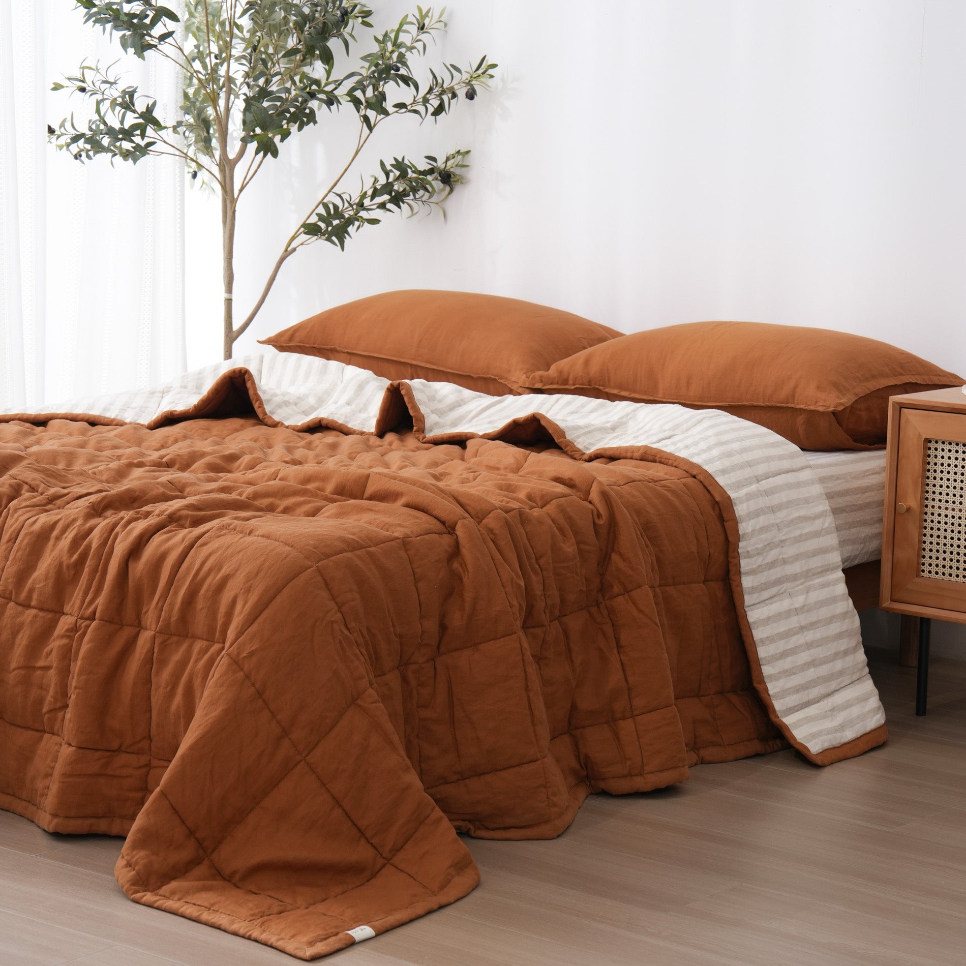 Quilted Linen Blanket - Clay + Sand Stripe