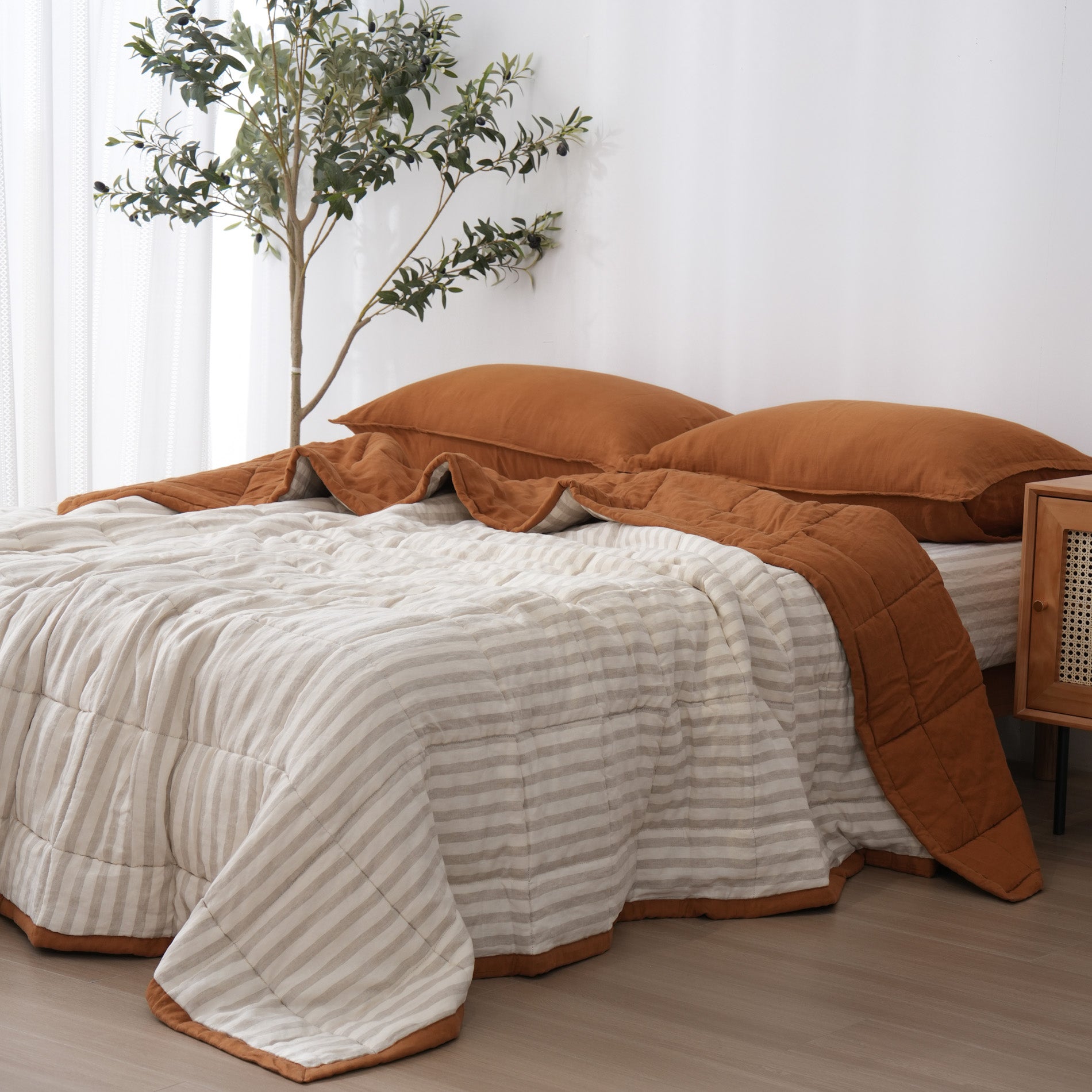Quilted Linen Blanket - Clay + Sand Stripe