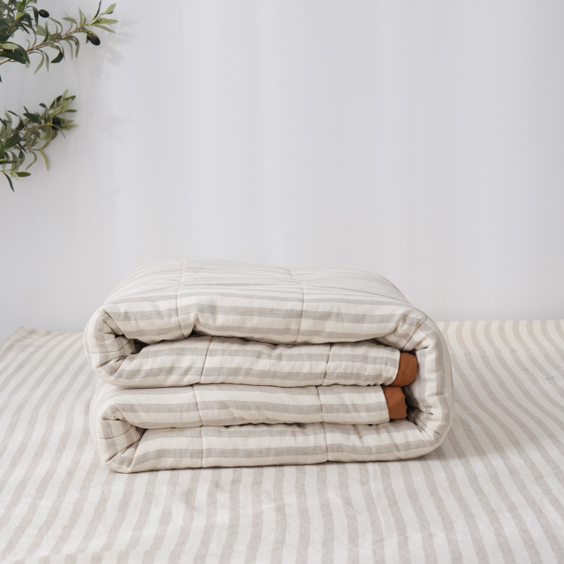Quilted Linen Blanket - Clay + Sand Stripe