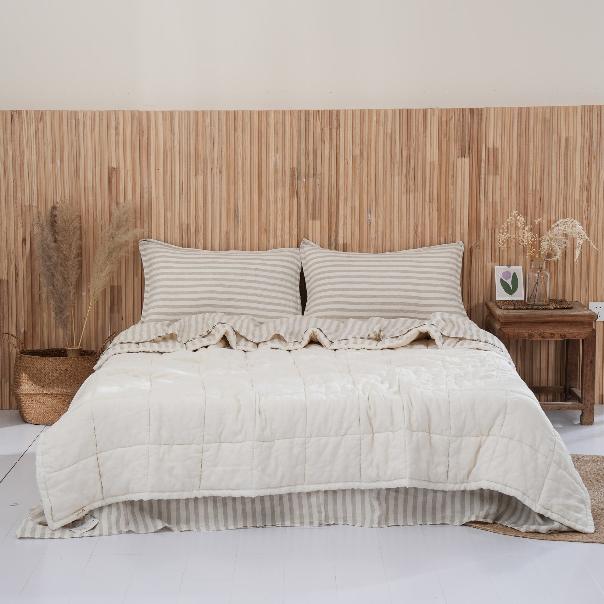 Quilted Linen Blanket - Cloud + Sand Stripe