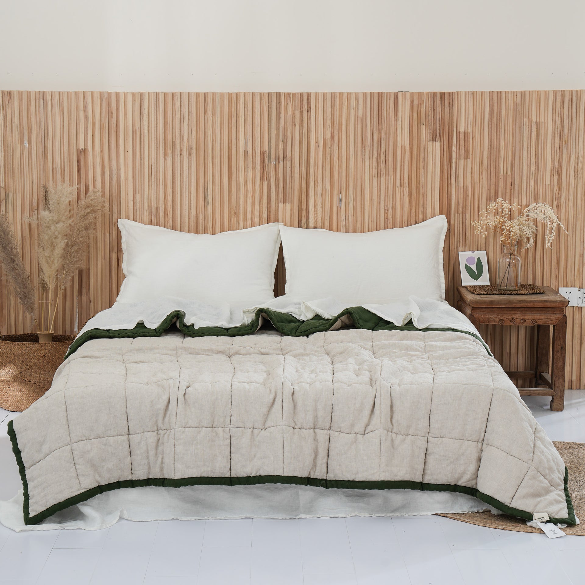 Quilted Linen Blanket - Forest + Sand