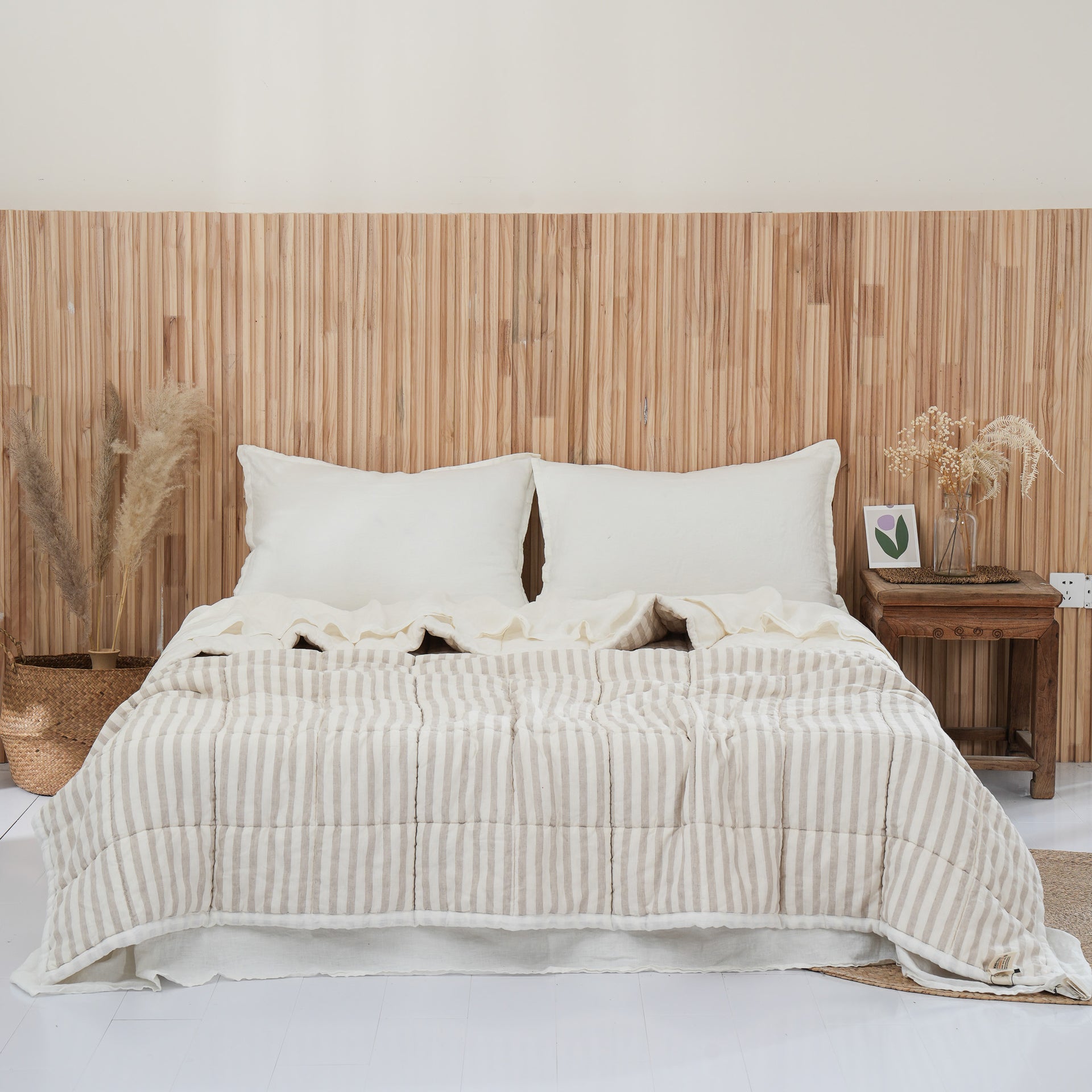 Quilted Linen Blanket - Cloud + Sand Stripe