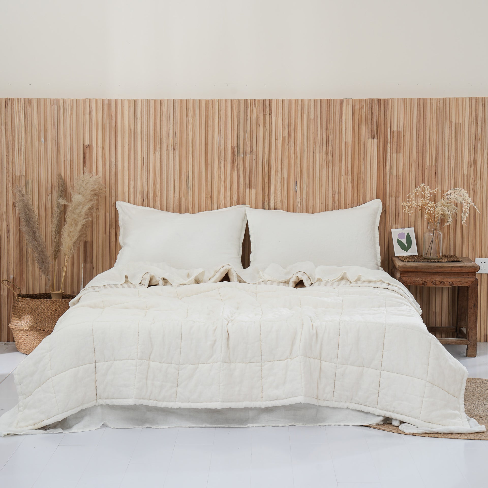 Quilted Linen Blanket - Cloud + Sand Stripe