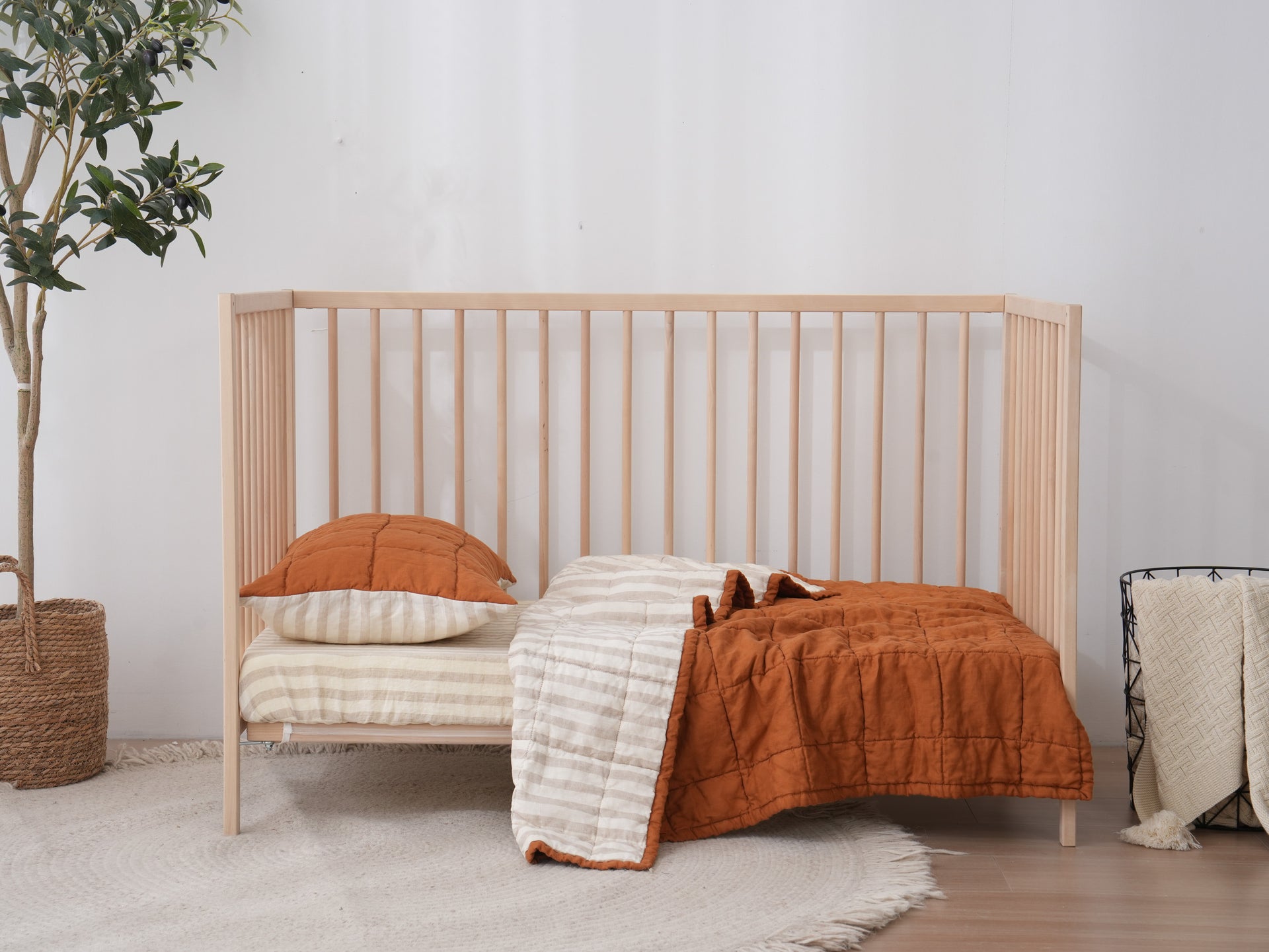 Quilted Linen Cot Blanket - Clay + Sand Stripe