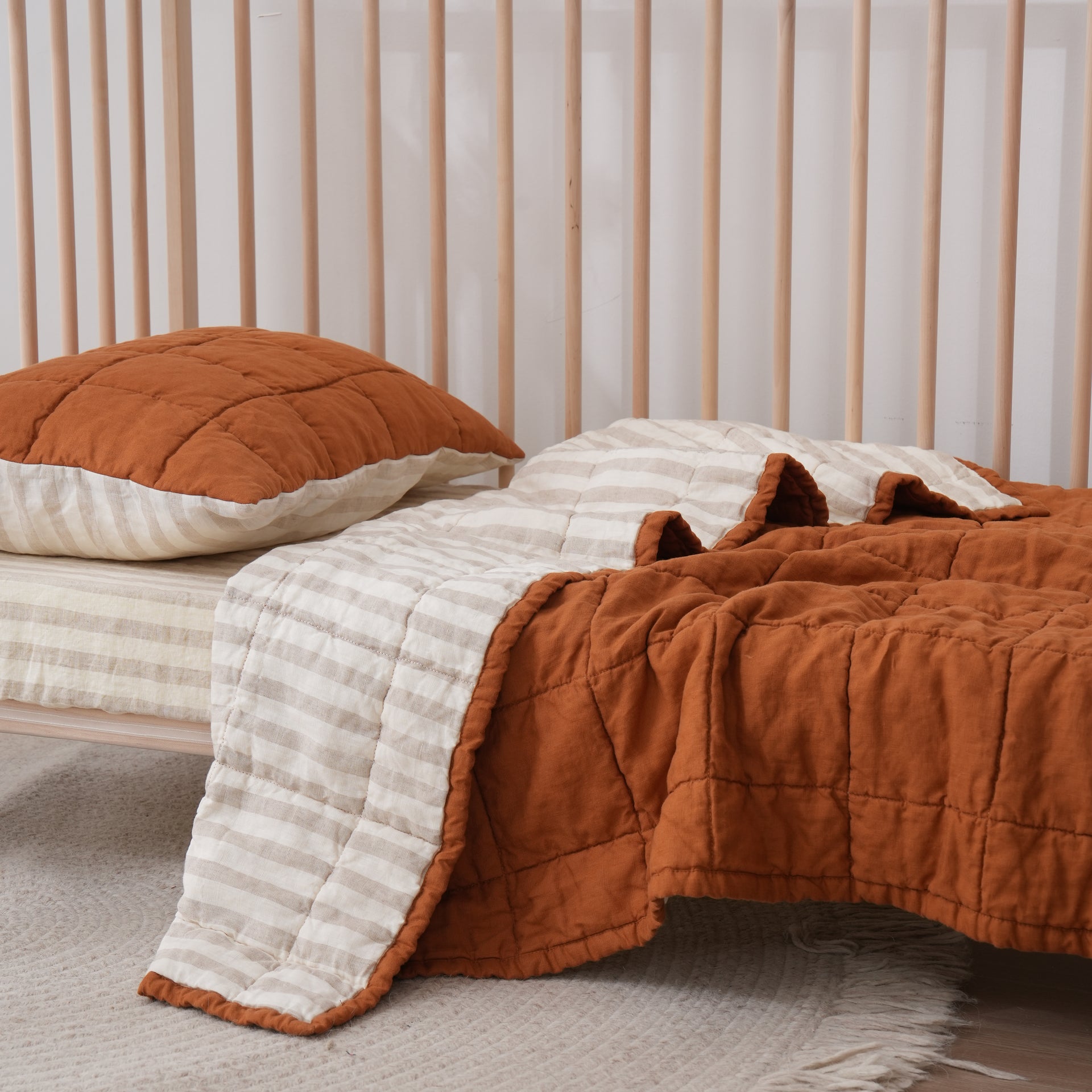 Quilted Linen Cot Blanket - Clay + Sand Stripe