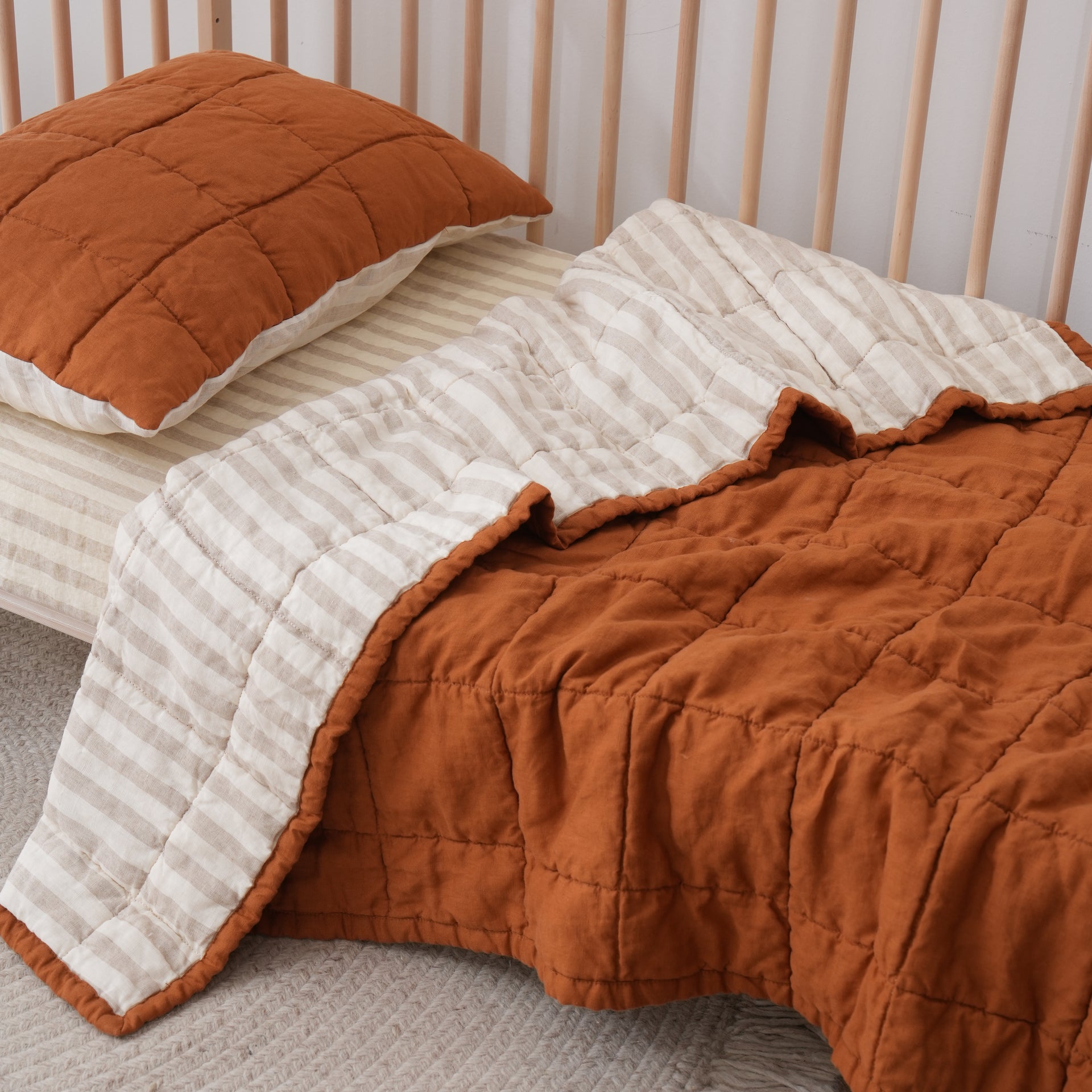 Quilted Linen Cot Blanket - Clay + Sand Stripe