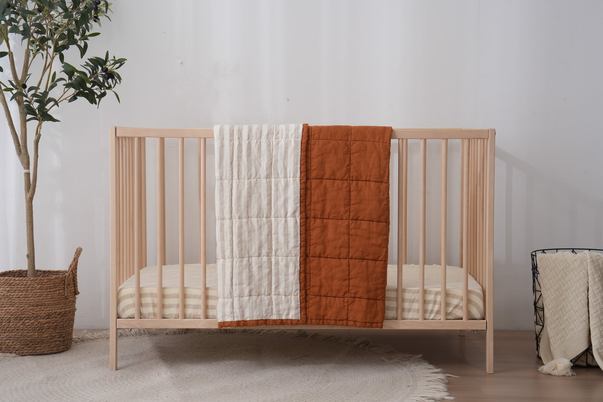Quilted Linen Cot Blanket - Clay + Sand Stripe