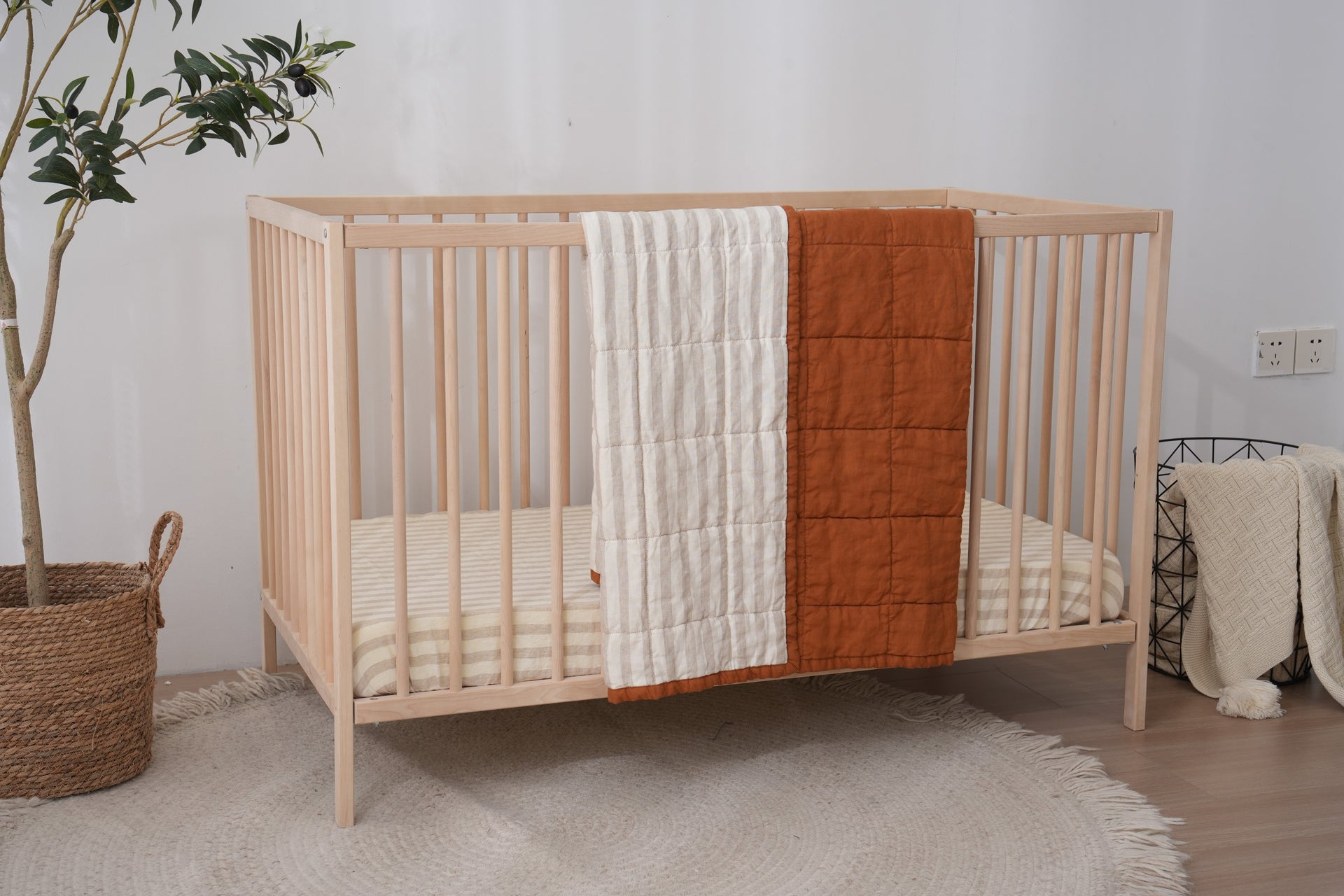 Quilted Linen Cot Blanket - Clay + Sand Stripe