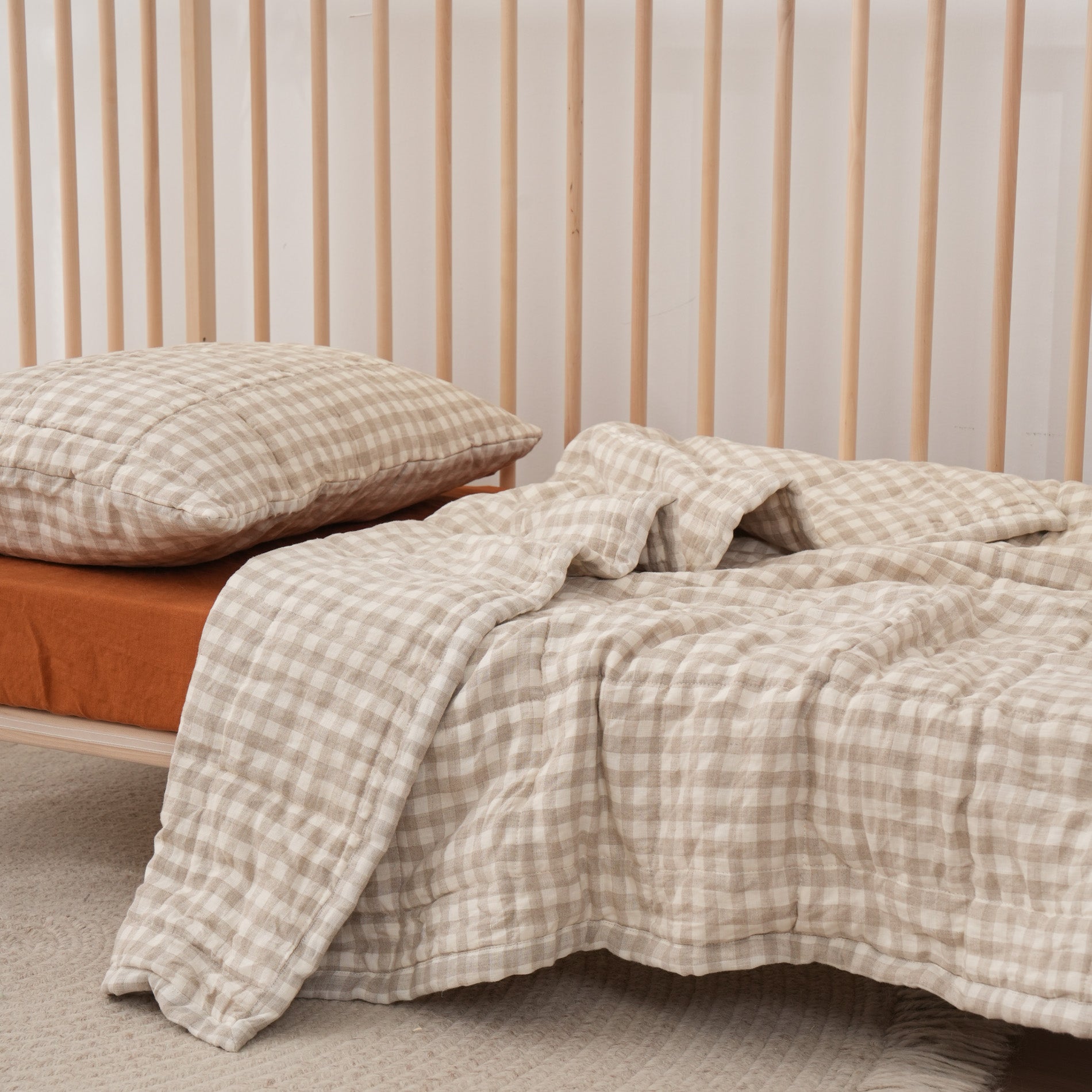 Quilted Linen Cot Blanket - Beige Gingham