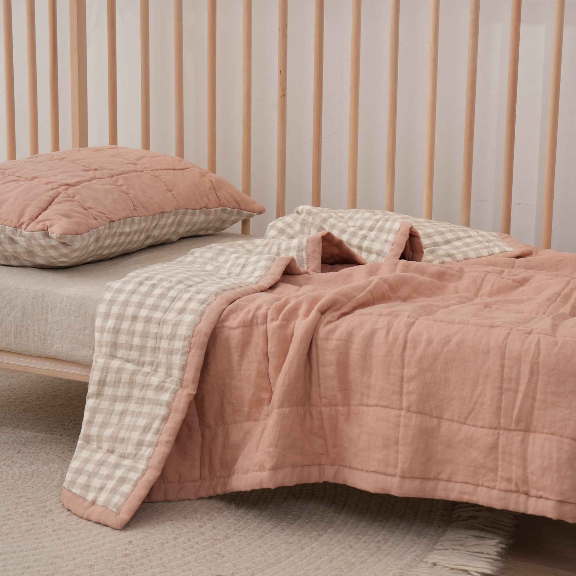 Quilted Linen Cot Blanket - Pink Clay + Beige Gingham