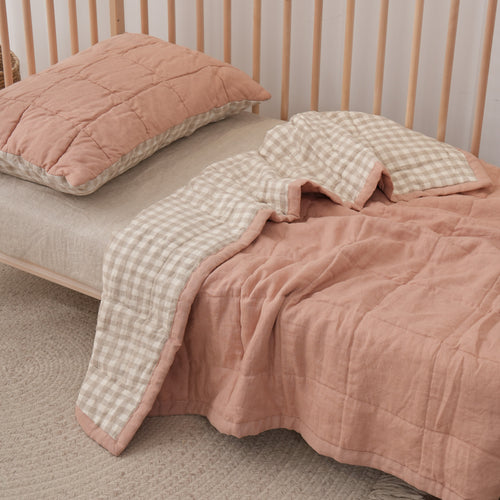 PINK CLAY + BEIGE GINGHAM - Quilted Cot Blanket - 100% French Flax Linen