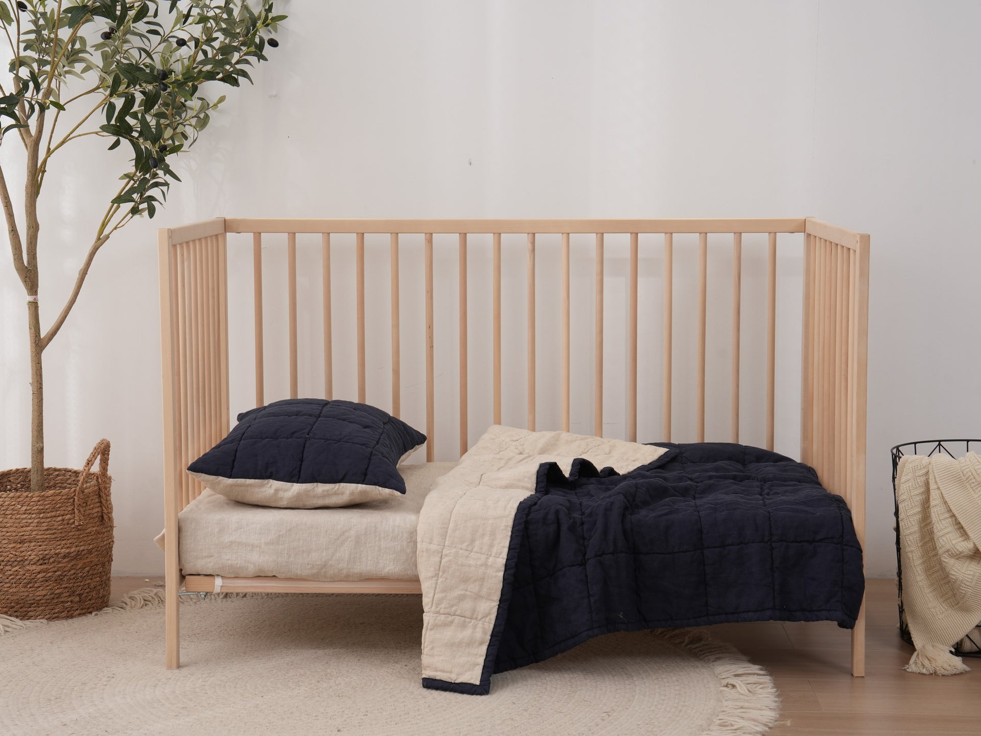 Quilted Linen Cot Blanket - Ocean + Sand