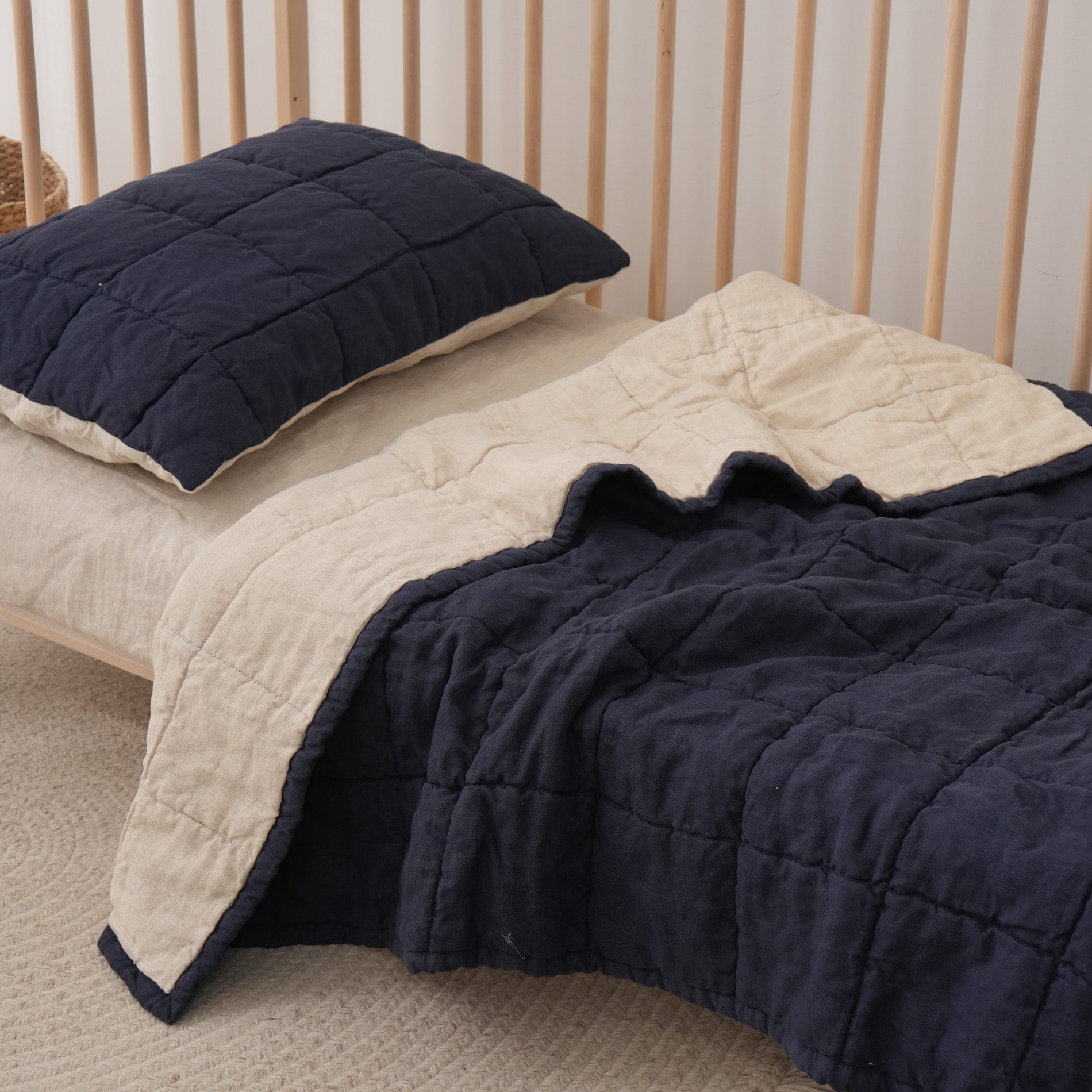 Quilted Linen Cot Blanket - Ocean + Sand