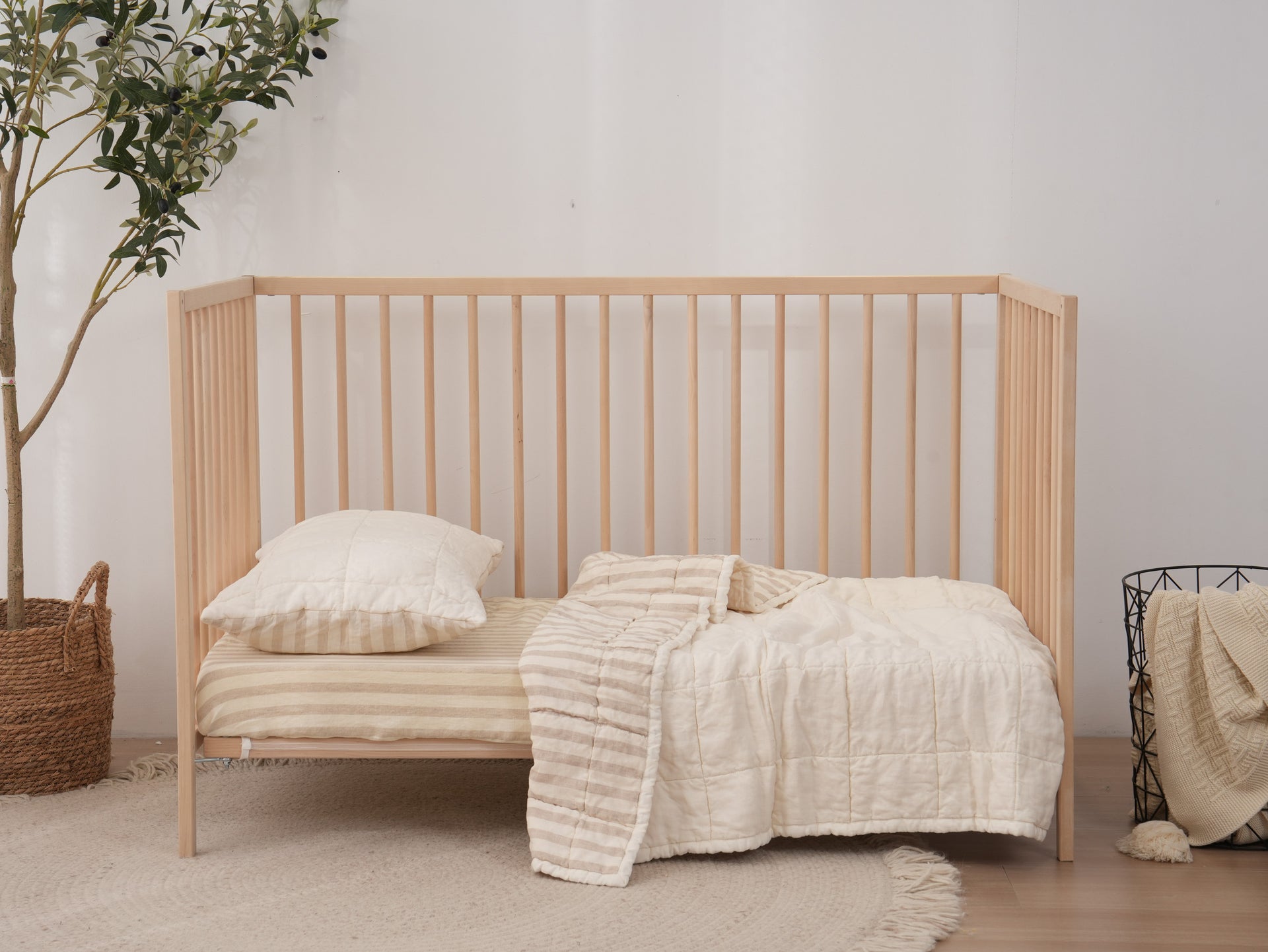 Quilted Linen Cot Blanket - Cloud + Sand Stripe