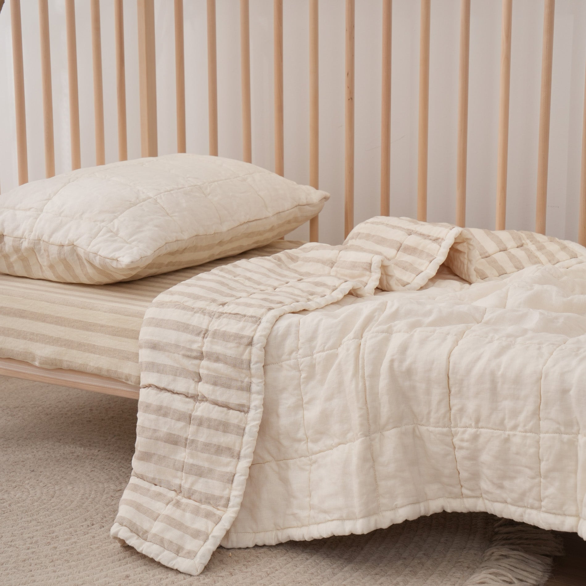 Quilted Linen Cot Blanket - Cloud + Sand Stripe
