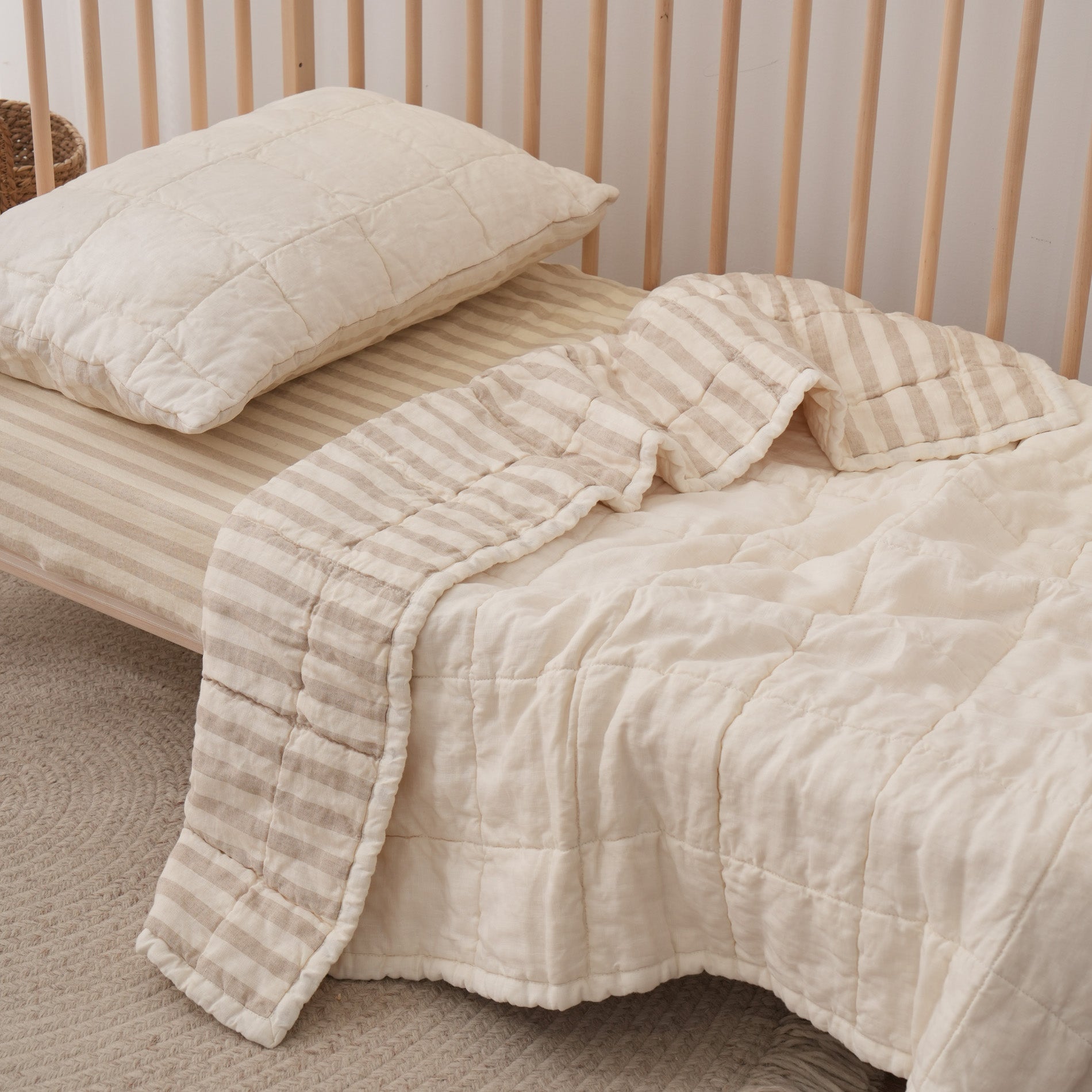 Quilted Linen Cot Blanket - Cloud + Sand Stripe
