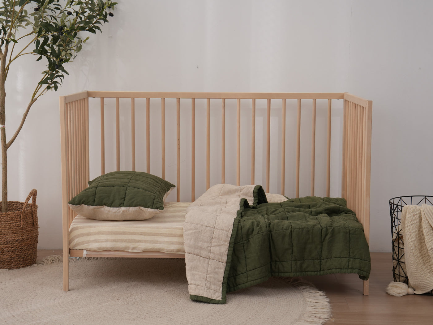 Quilted Linen Cot Blanket – Forest + Sand